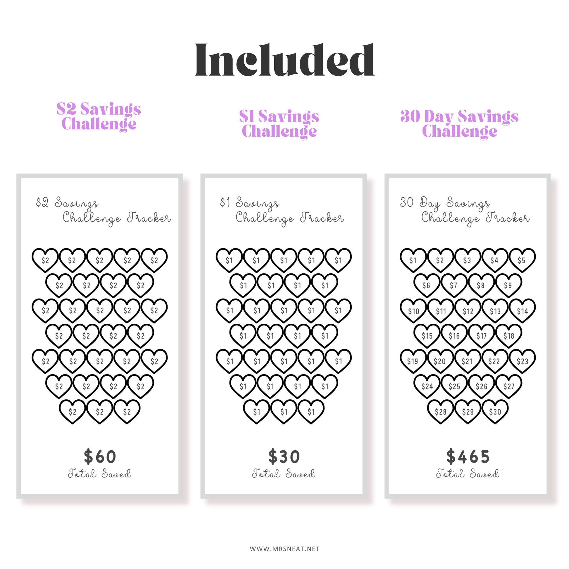 Three savings challenge trackers with heart designs and total savings amounts on a white background.