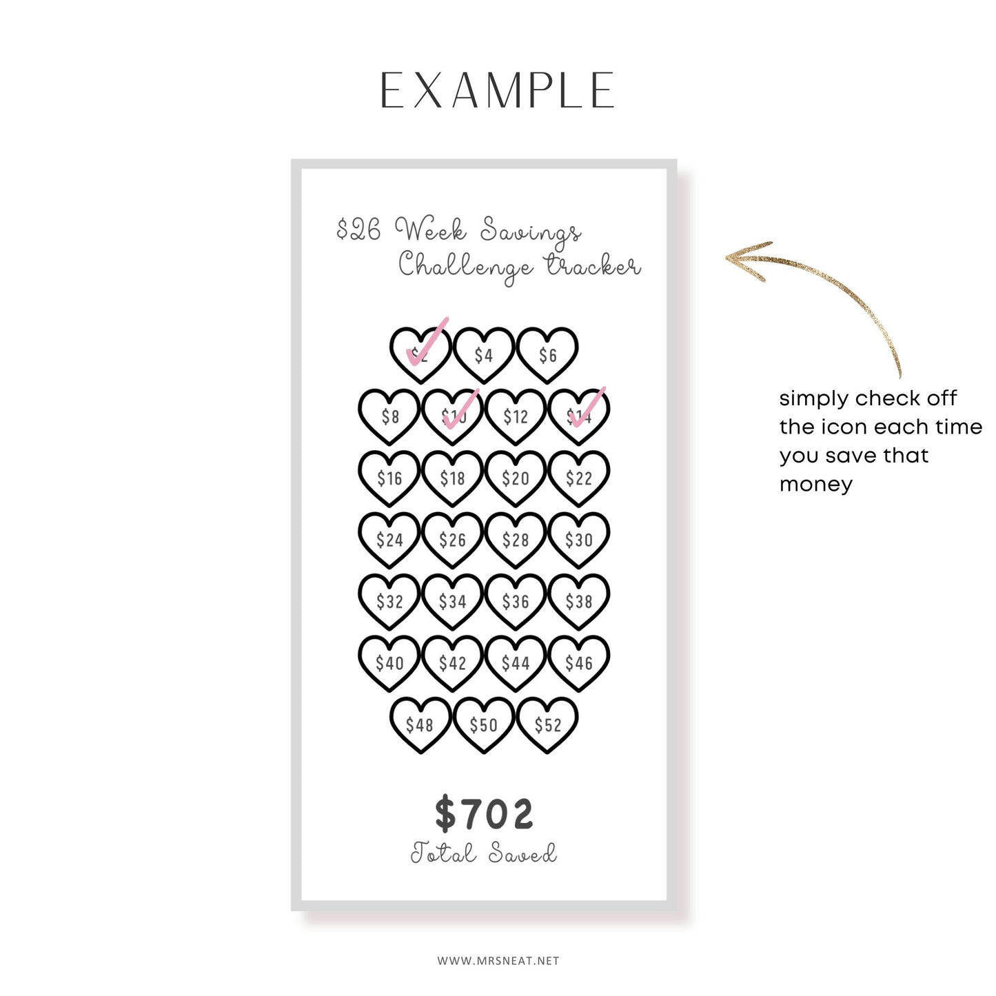 Week savings challenge tracker with heart icons and total saved amount on a white background