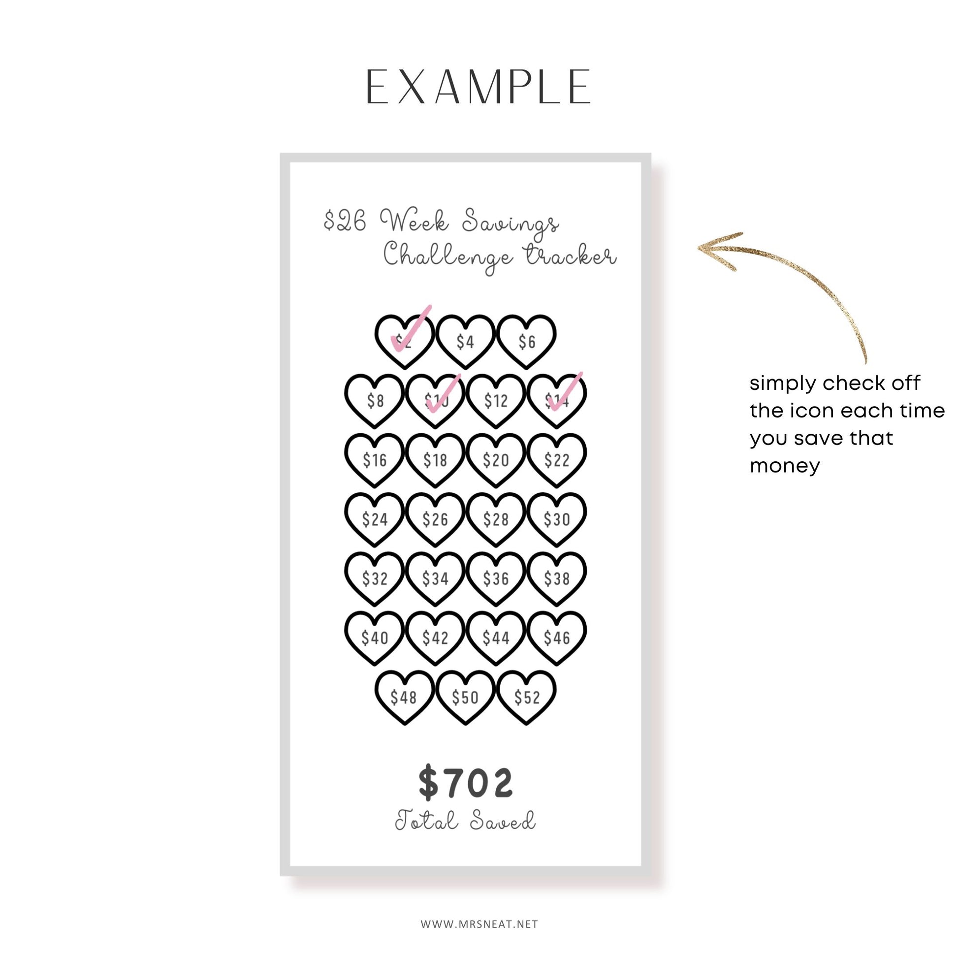 Week savings challenge tracker with heart icons and total saved amount on a white background