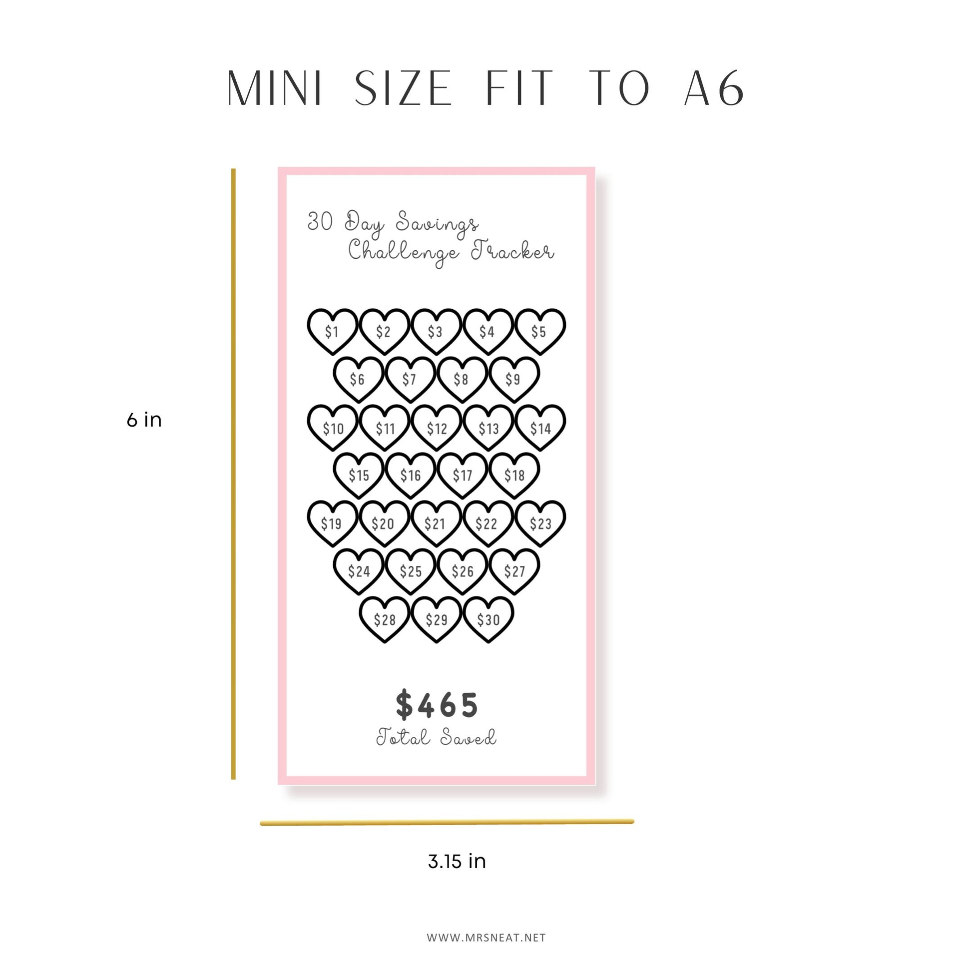30-day challenge tracker with heart design on a white background