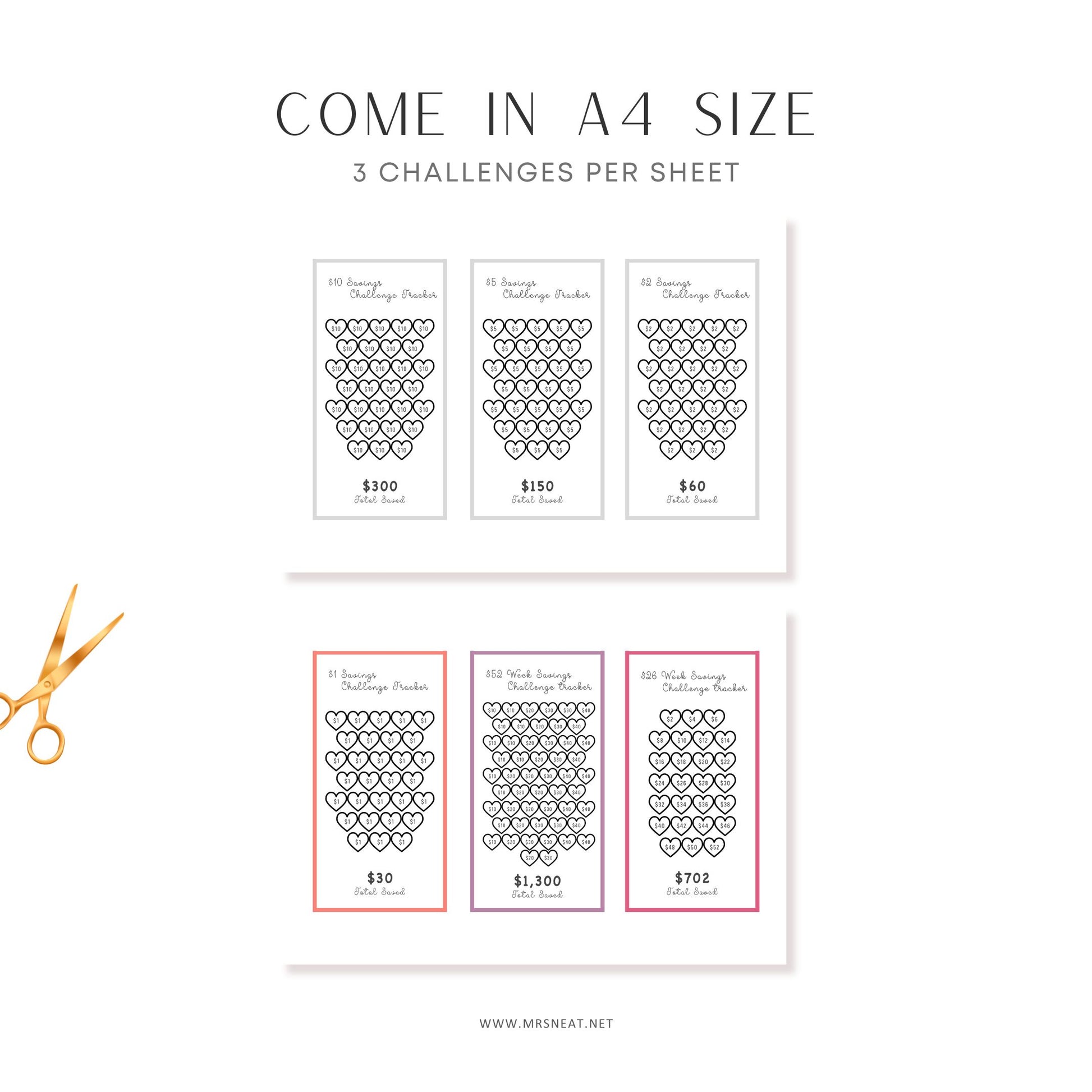 Sheet of printed challenges with heart designs and a pair of scissors on a white background.