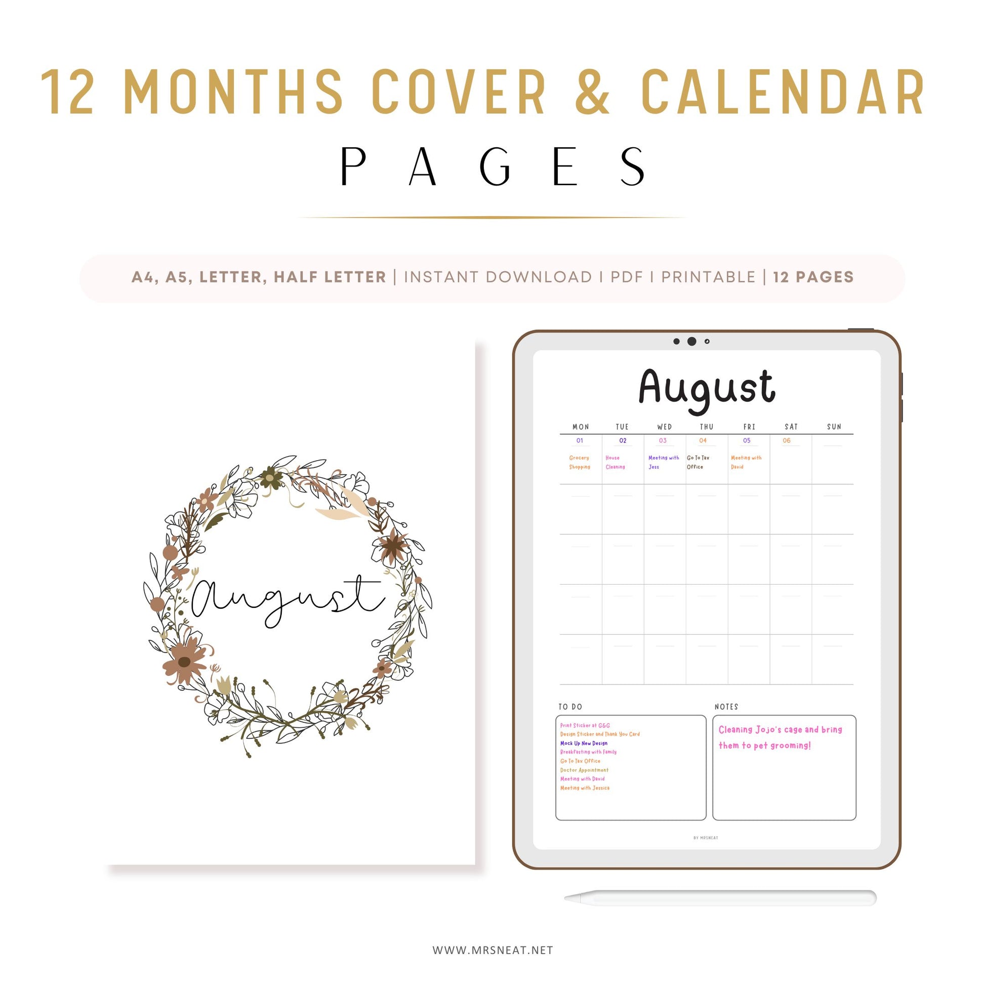 12 Month Calendar Pages, Journal Monthly planner 2025 printable, Monthly calendar page, Calendar Template 2025, A4, A5, Letter, Half Letter