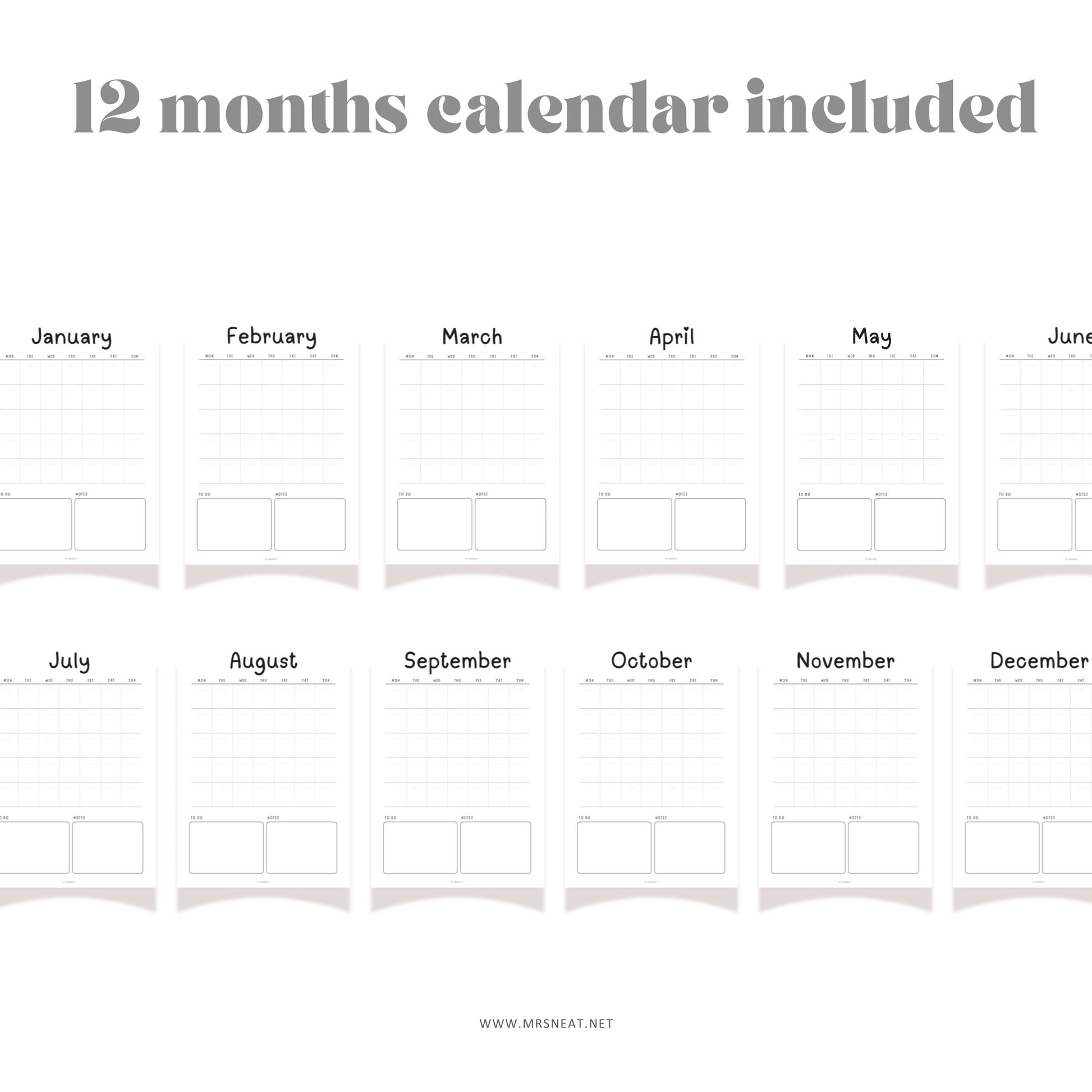 12 Month Calendar Pages, Journal Monthly planner 2025 printable, Monthly calendar page, Calendar Template 2025, A4, A5, Letter, Half Letter