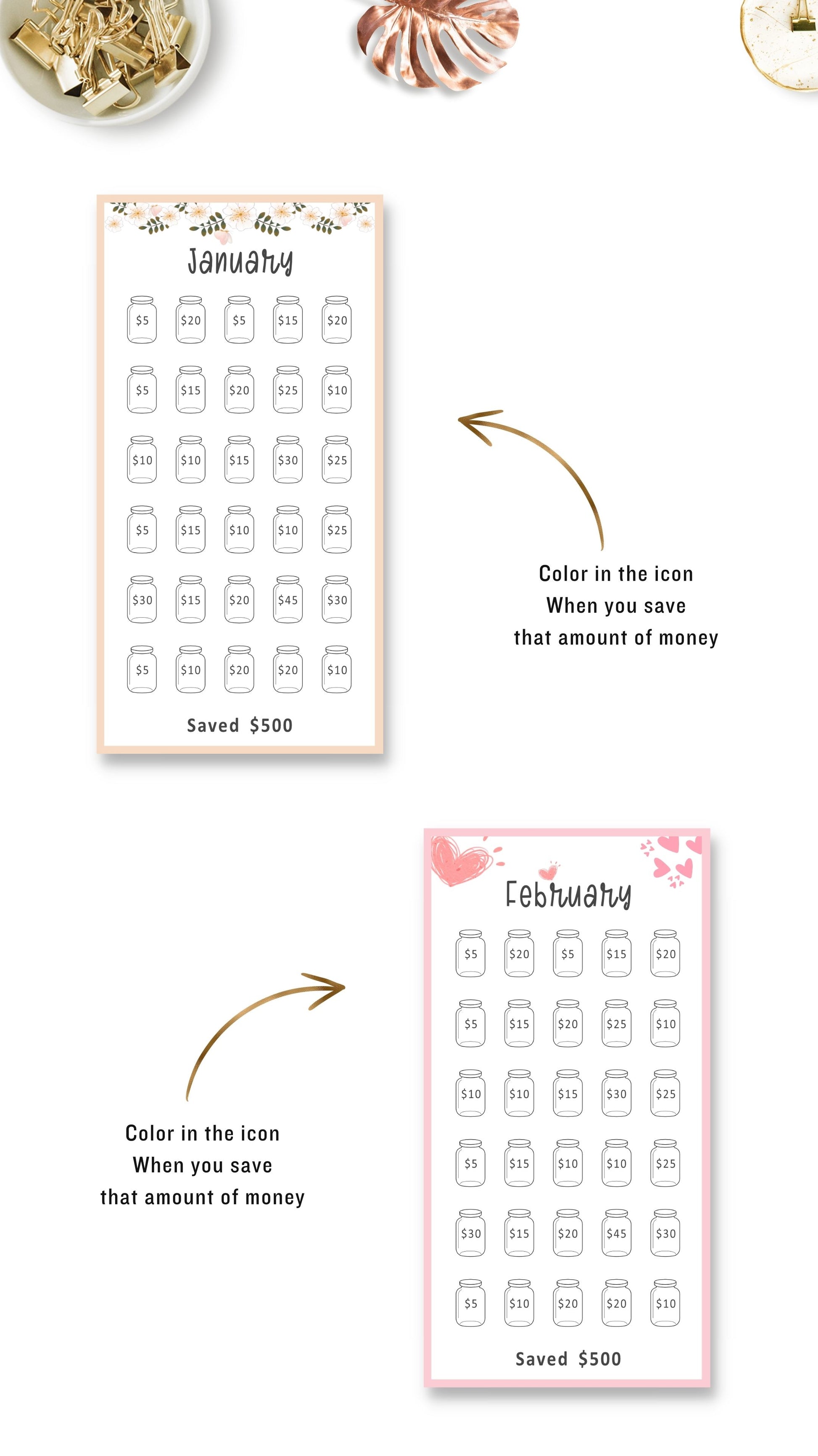 January and February Mini Savings Challenge Printable in Floral and Colorful Themes