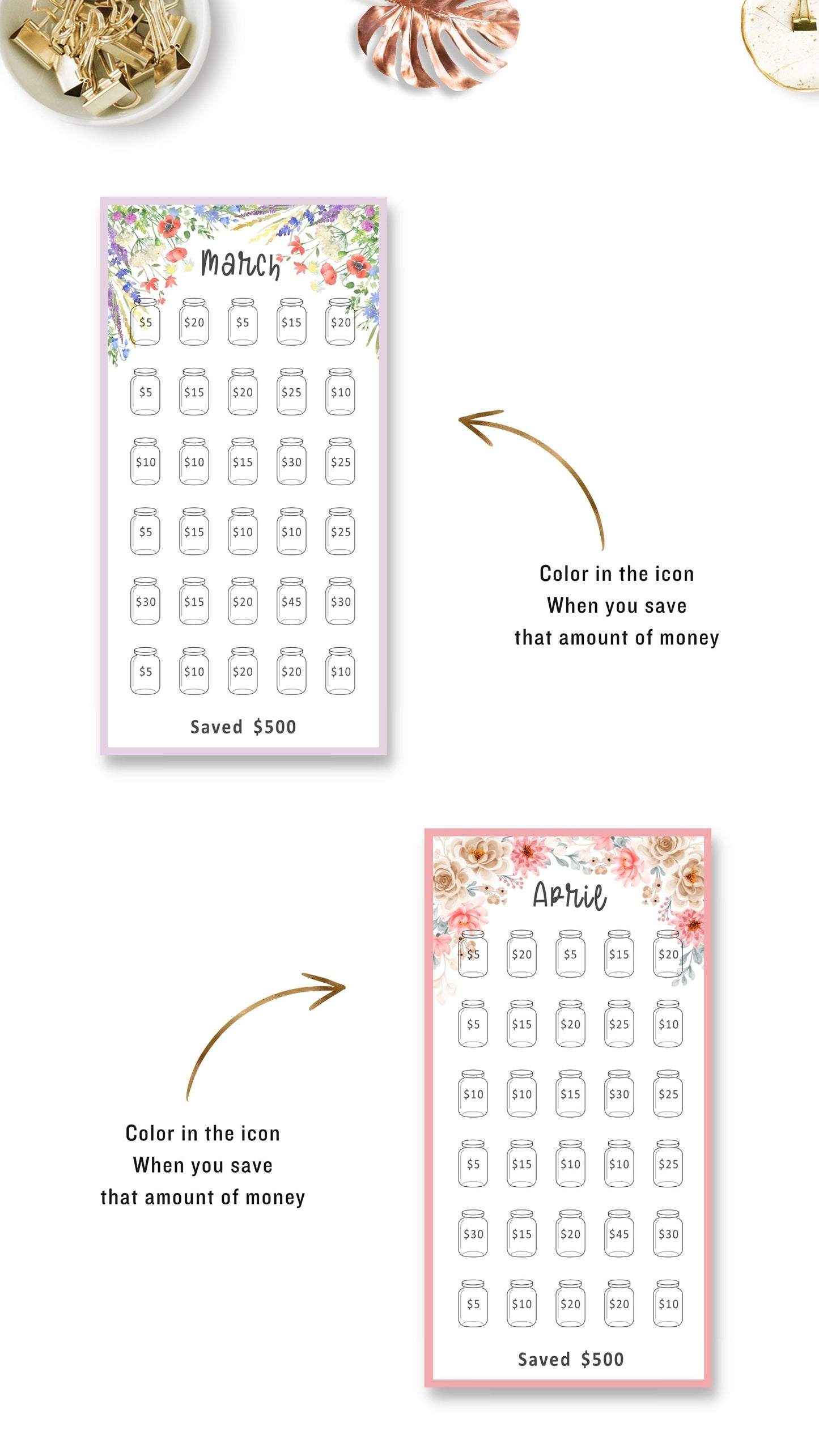 March and April Mini Savings Challenge Printable in Floral and Colorful Themes