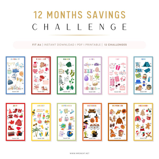 Mini Savings Challenges Digital Download, All Twelve Months, Each Challenge is Save 30, Annual 12 Months Savings Challenge Printable for Cash Stuffing, A6 Money Tracker, A4 Size, Monthly Budgeting