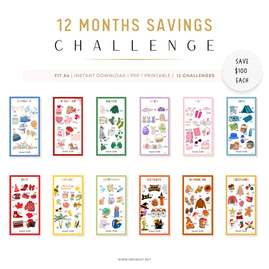 12 Months Savings Challenge Printable for Cash Stuffing, Mini Savings Challenges, A6 Money Tracker, Monthly Budgeting, Each Mini is Save 100