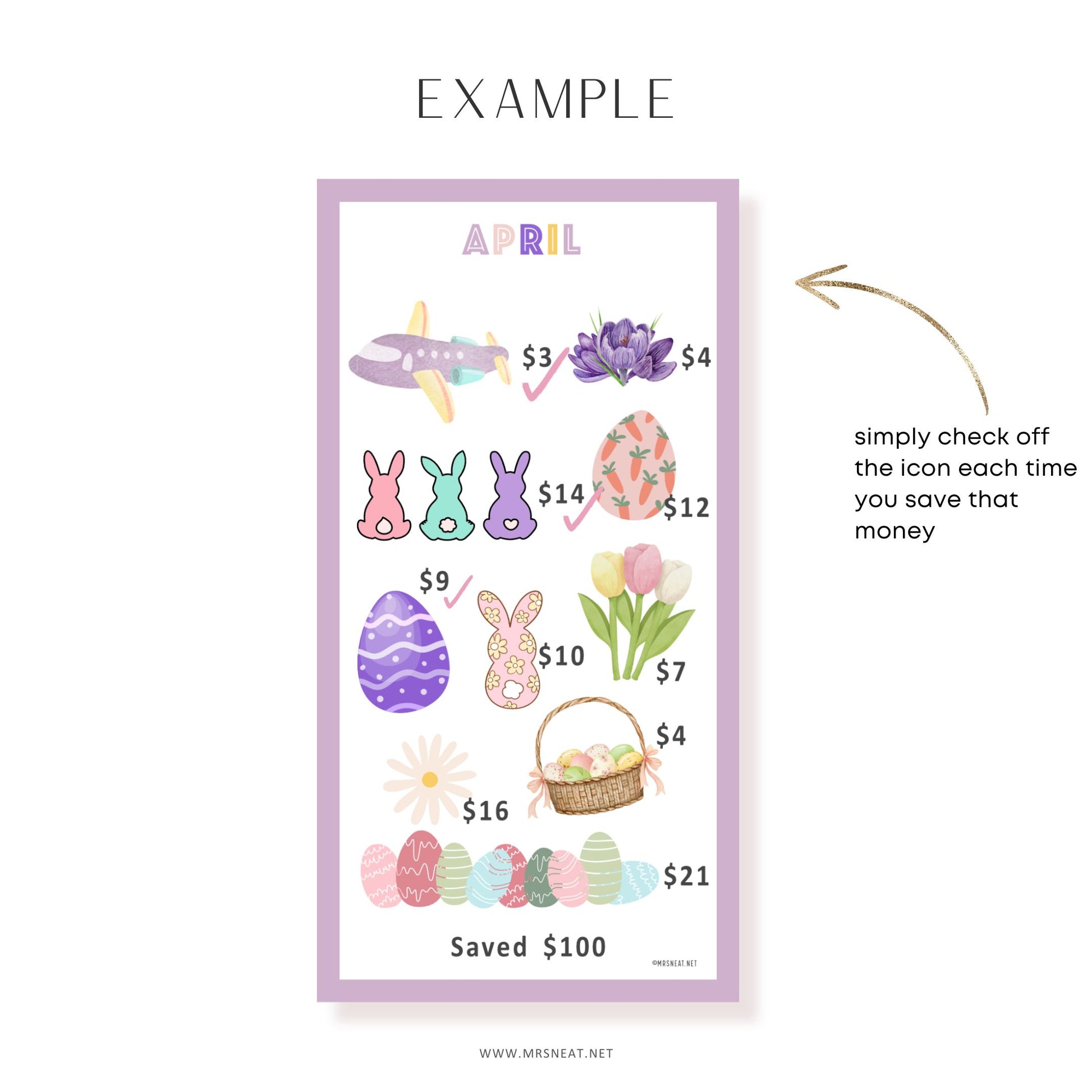 April savings tracker with Easter-themed icons and amounts on a white background