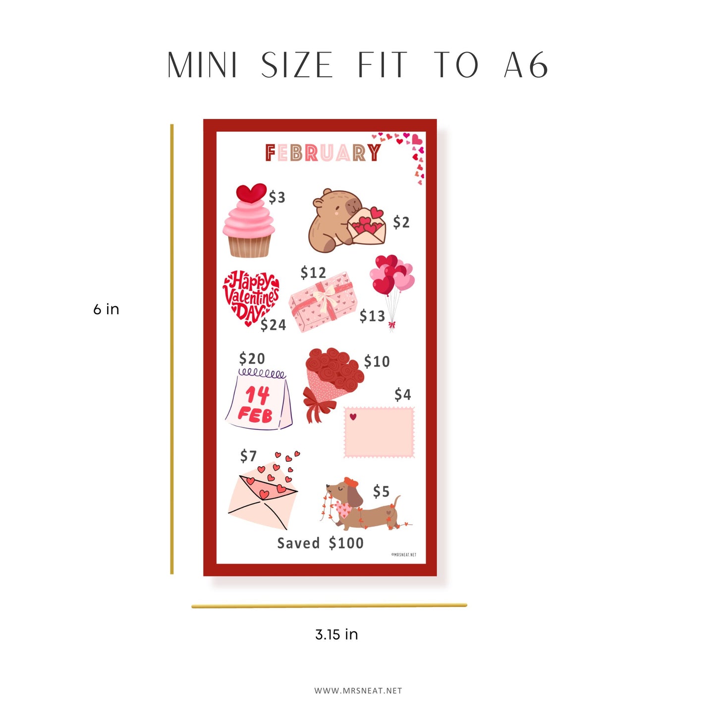 Sticker sheet with Valentine's Day designs and pricing, labeled 'Mini Size Fit to A6'.