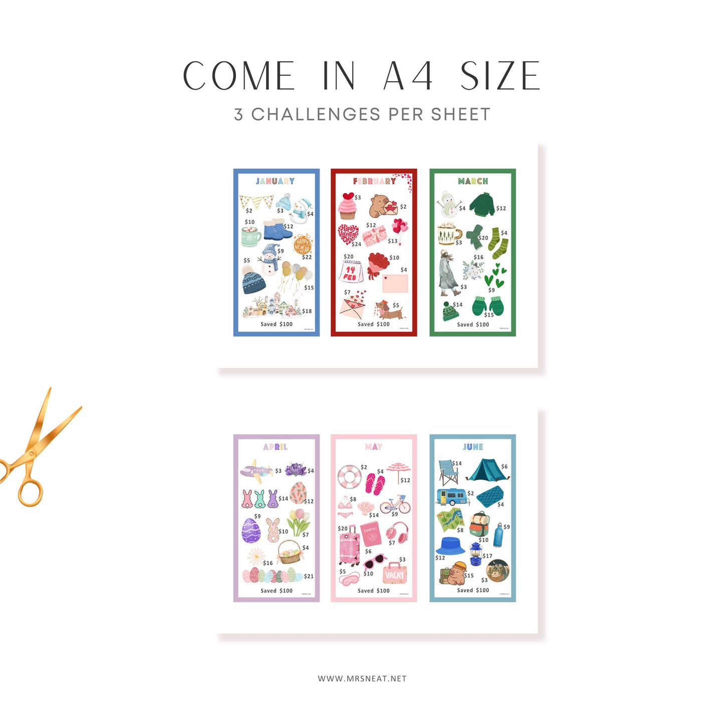 A4 size sheet with three colorful challenge cards and a pair of scissors on a white background.