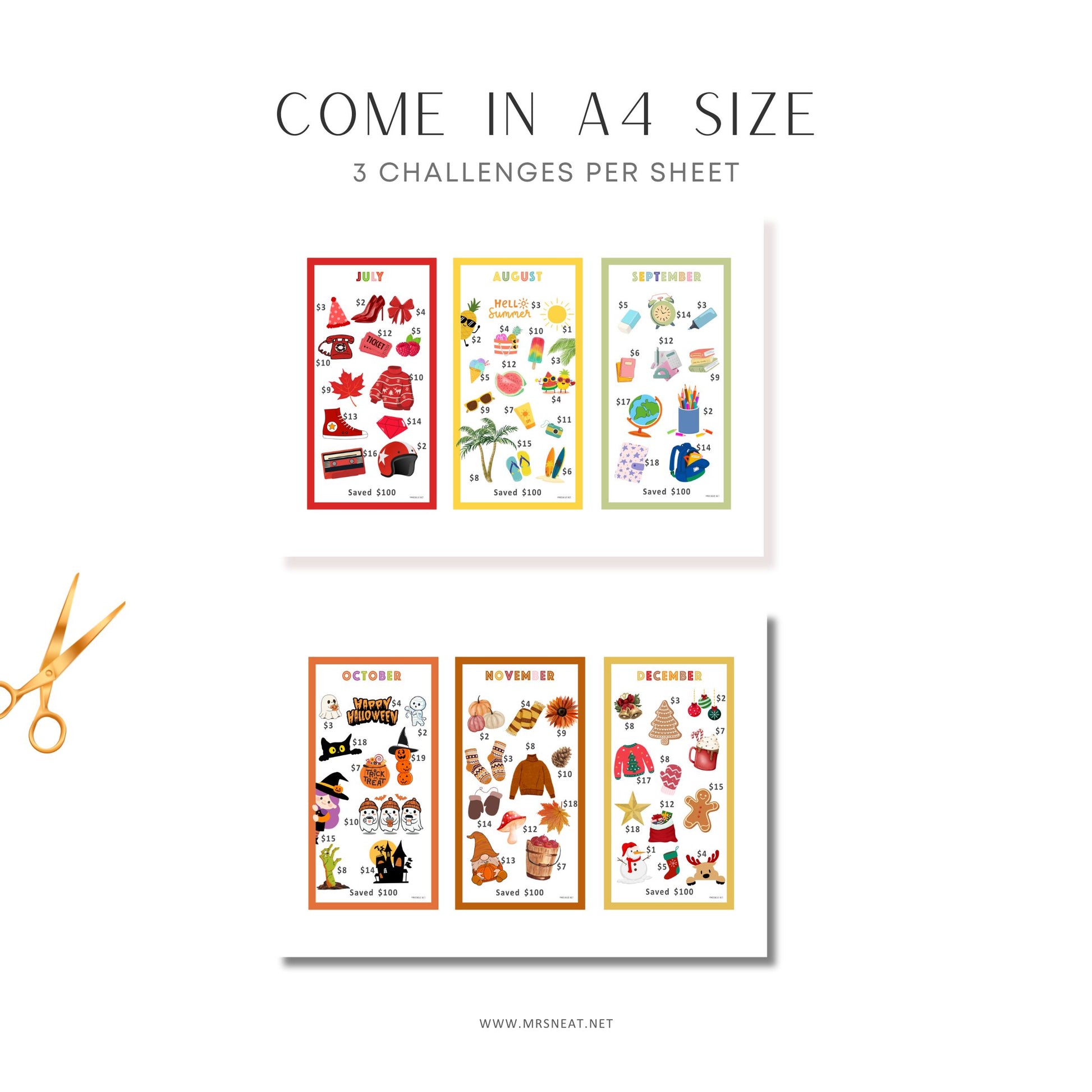 Sticker sheets with various designs and a pair of scissors on a white background