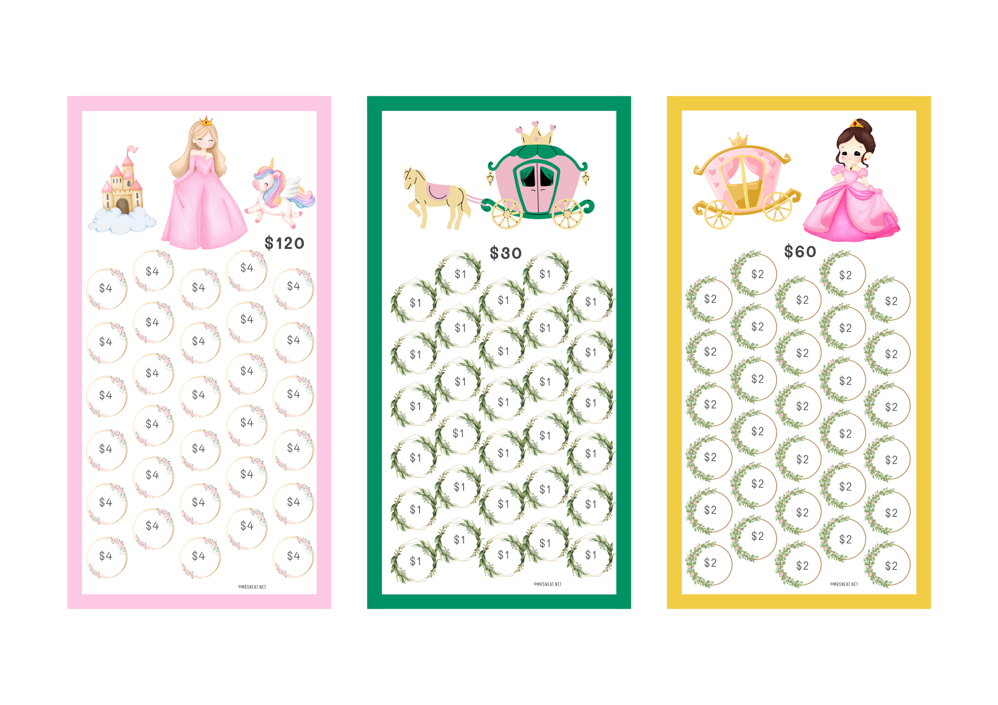 Three colorful charts with princess and castle designs on a white background