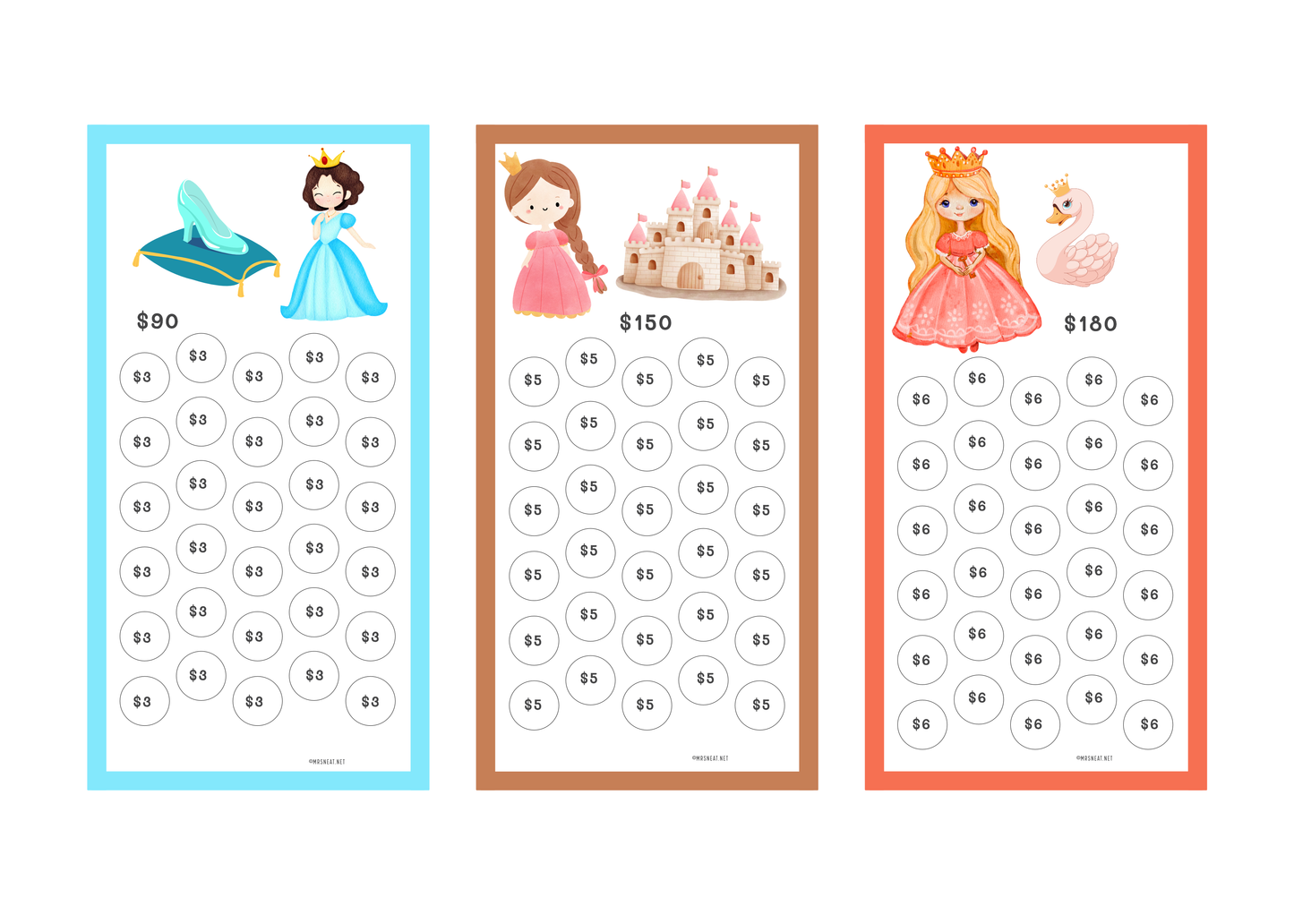 Three children's allowance charts with princess and castle designs on a white background.