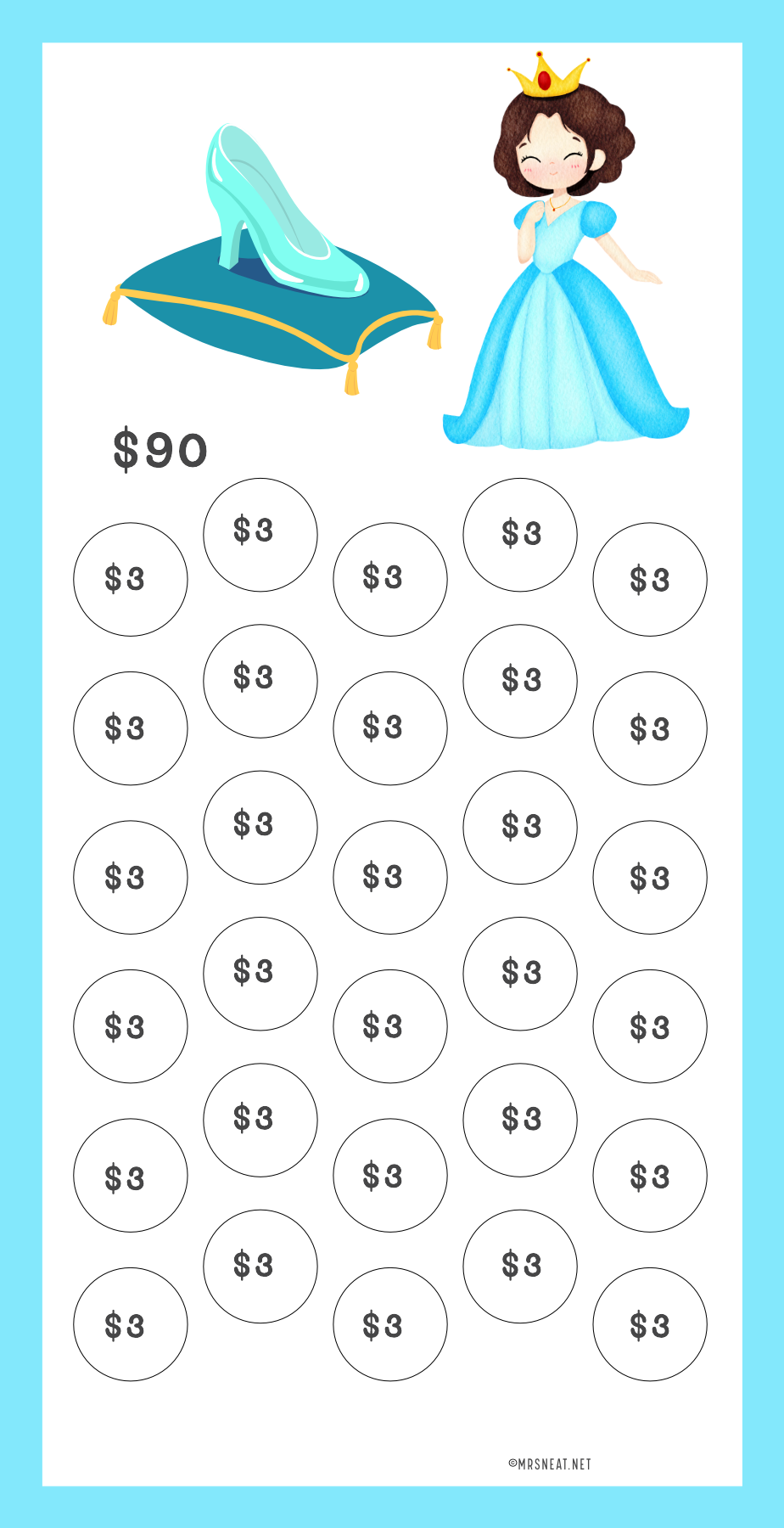 Counting sheet with princess and cinderella shoe illustration, labeled '$90' and '$3'.
