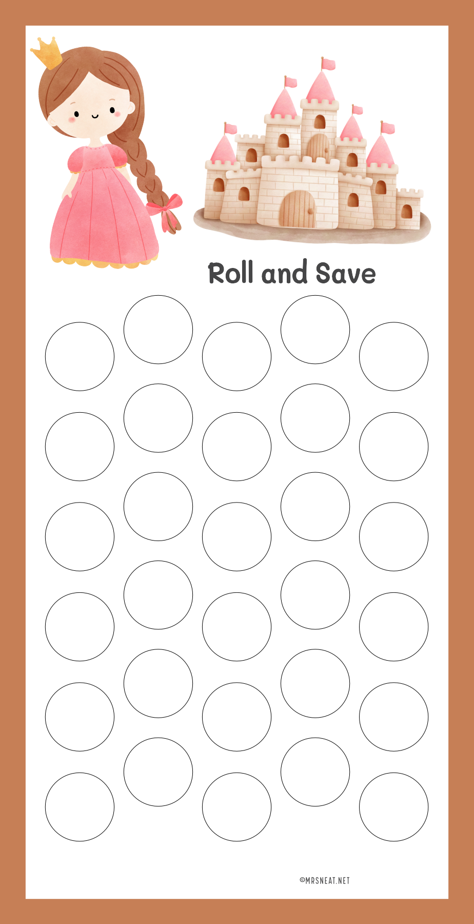 Game board with princess and castle design, labeled 'Roll and Save'.