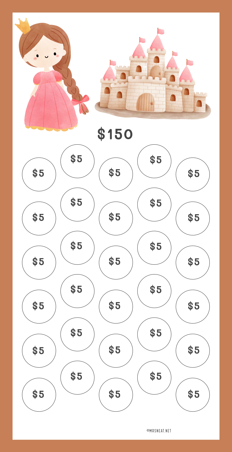 Reward chart with princess and castle illustration, dollar amounts, and a brown border.