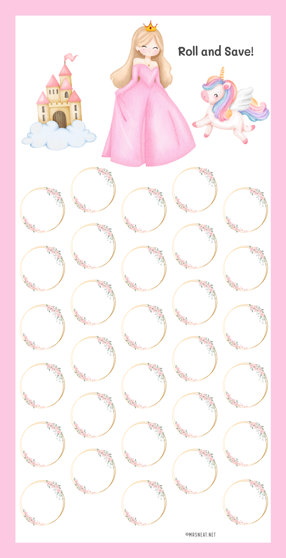 Princess-themed roll of stickers with a castle, princess, and unicorn on a pink background.