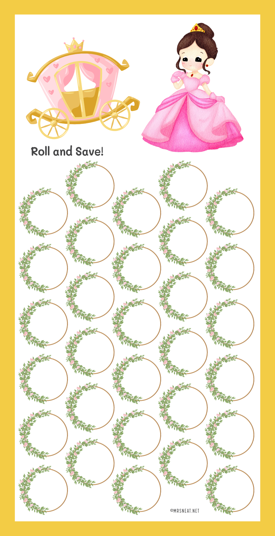 Roll of decorative paper with princess design and wreath patterns on a yellow background