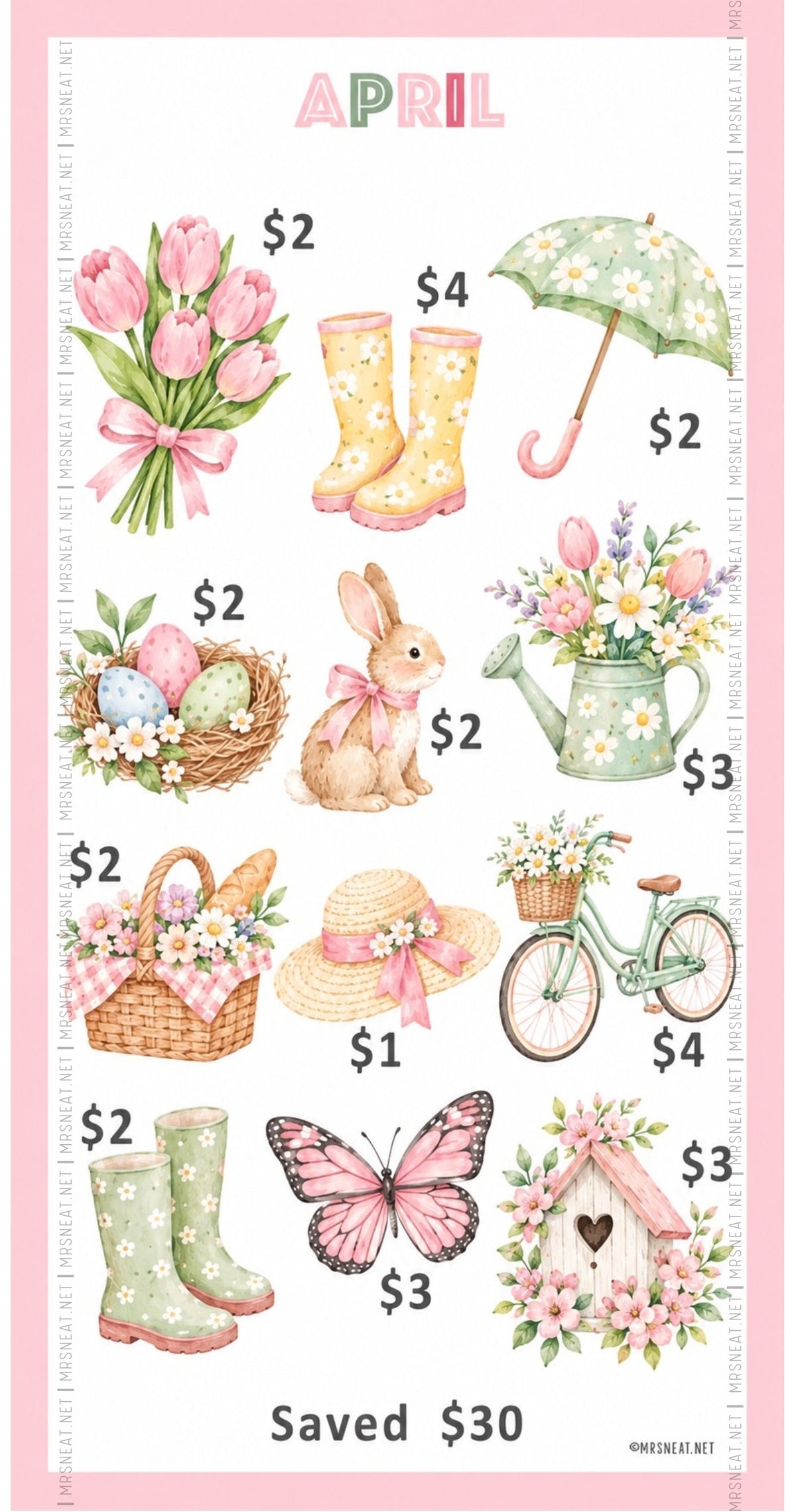 Yearly money saving challenge with monthly $30 savings goals