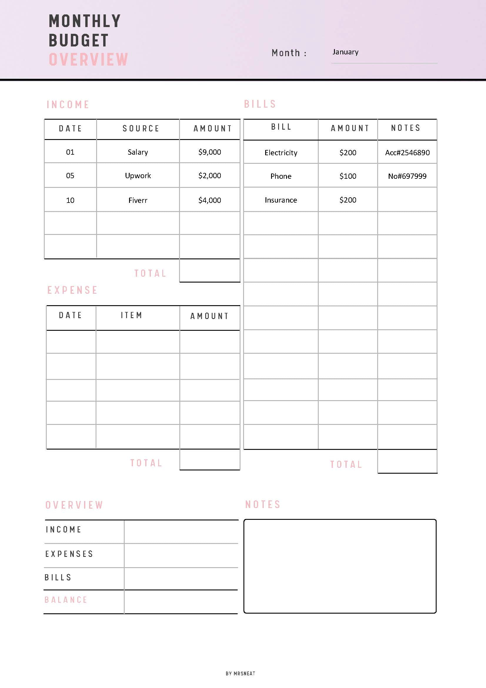 Fillable Monthly Budget Overview, Budget Planner Printable, A4, A5, US Letter, 3 color options