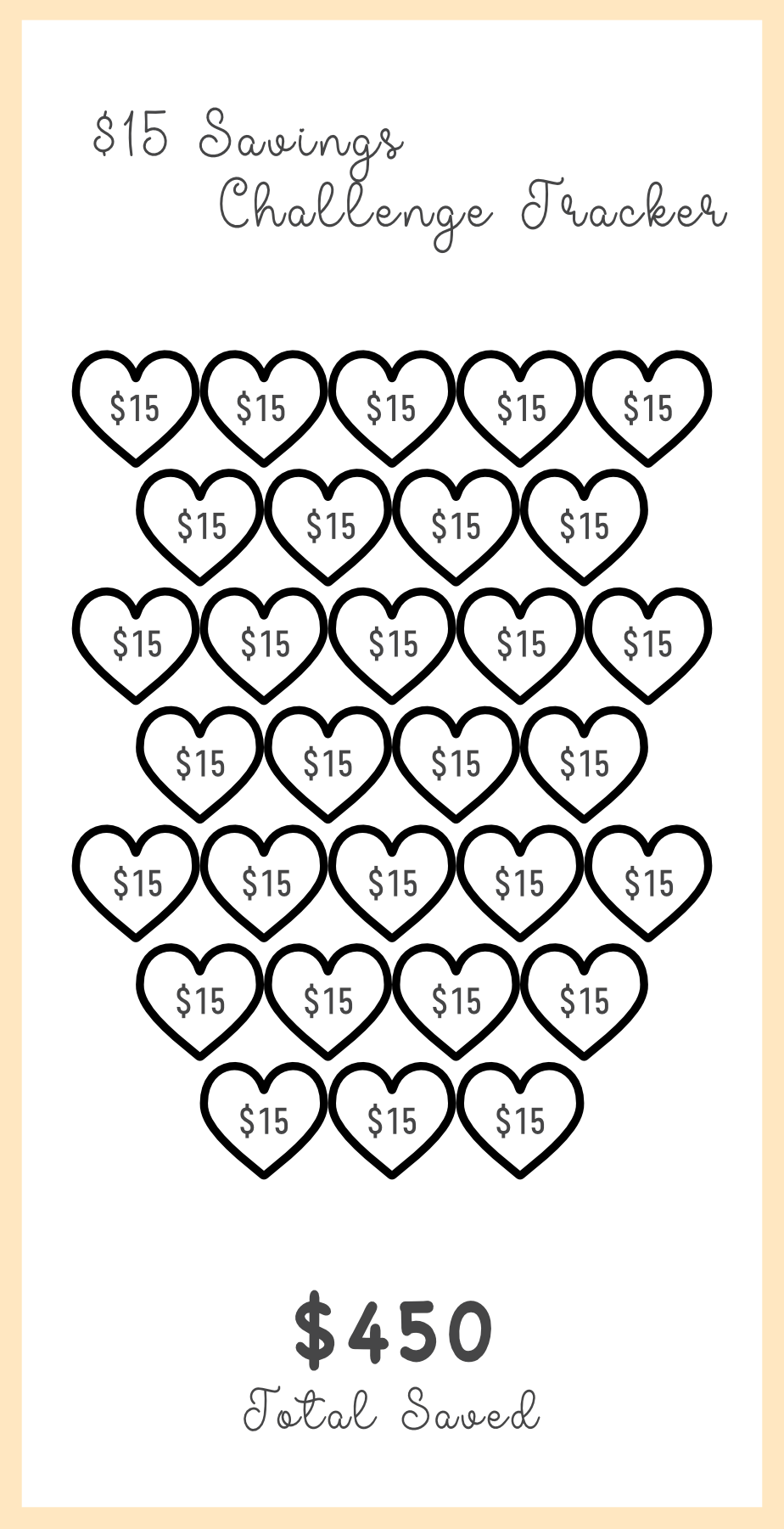 Savings challenge tracker with heart shapes and total savings amount on a light yellow background