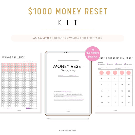 Minimalist $1000 Money Reset Kit printable budget planner with savings challenge, debt tracker, and money habit worksheets.