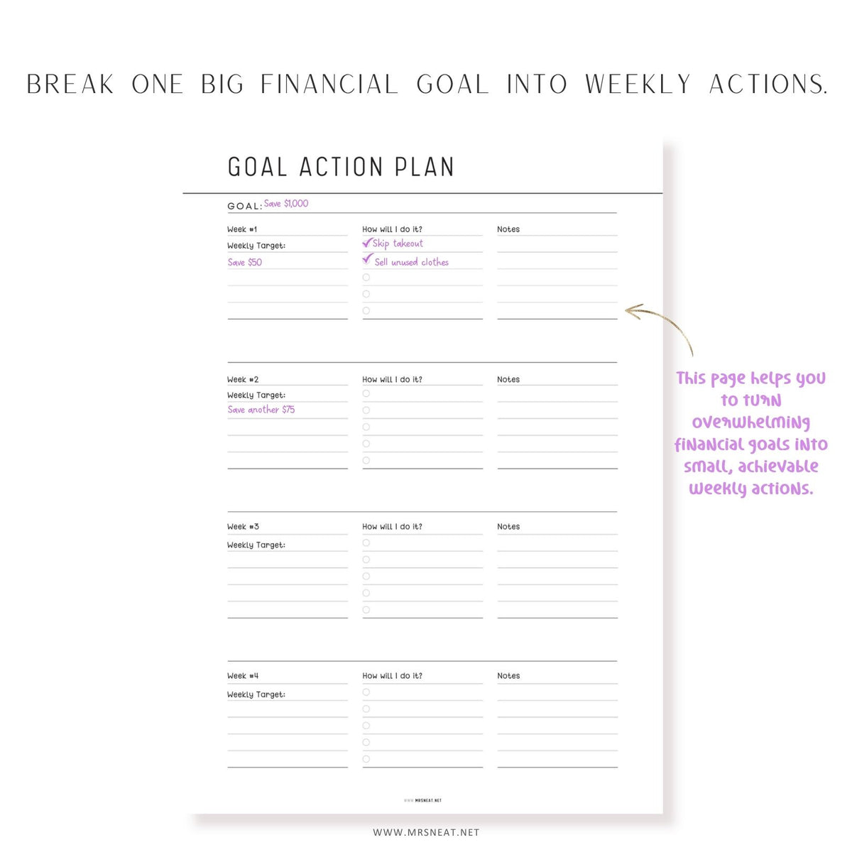 Goal Action Plan printable worksheet for breaking financial goals into manageable weekly action steps and staying motivated.