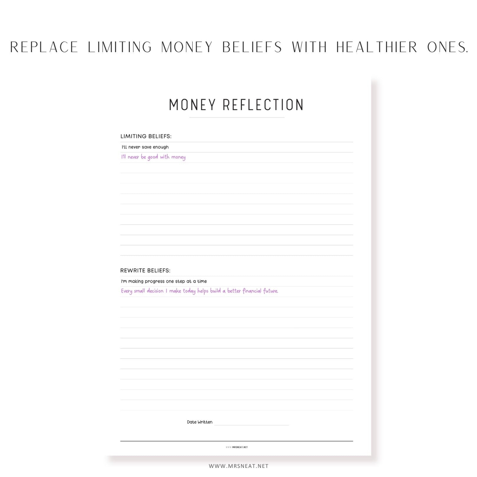 Money Reflection printable worksheet to replace limiting money beliefs and build healthier financial habits and mindset.