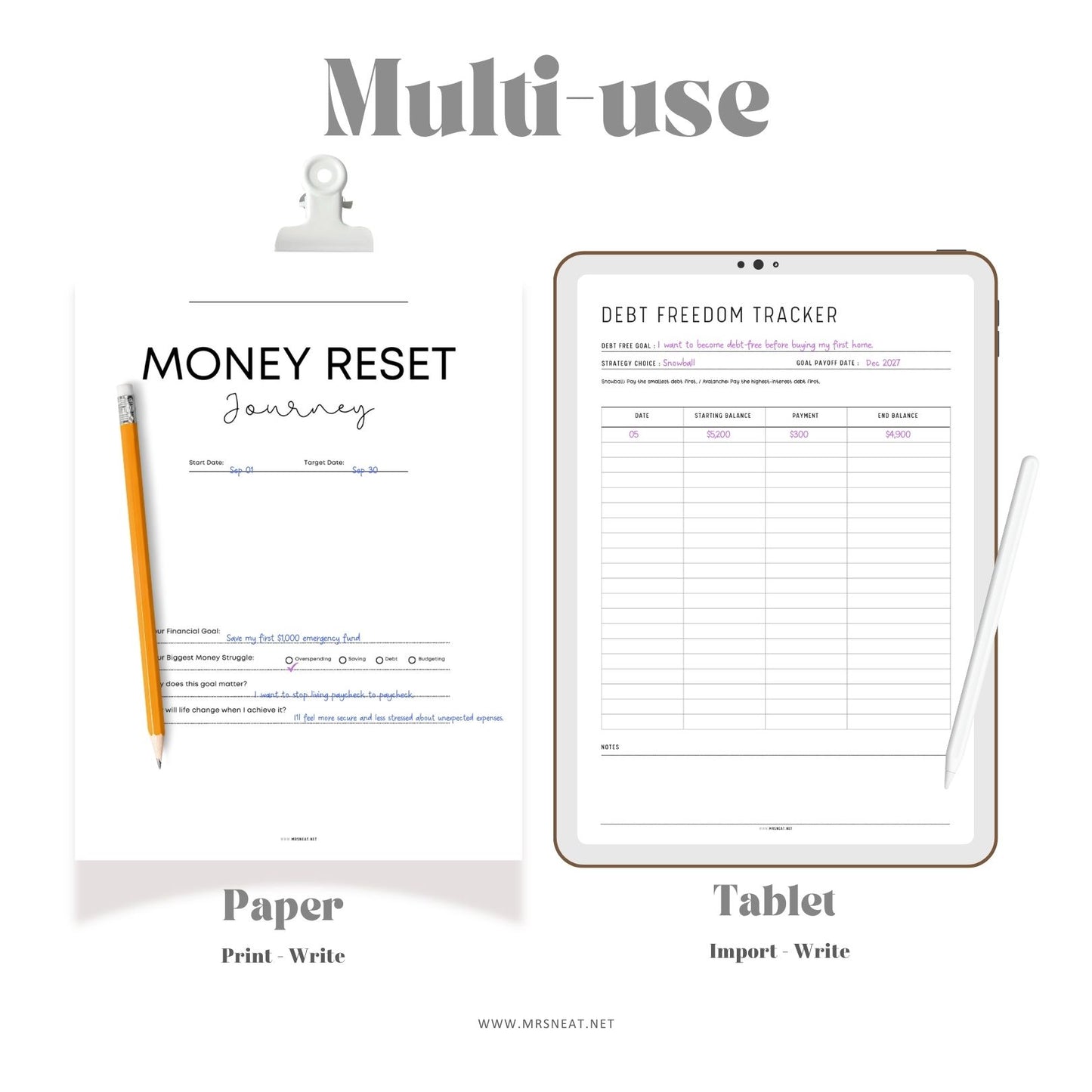 Use the $1000 Money Reset Kit digitally on a tablet or print the worksheets for your planner binder.