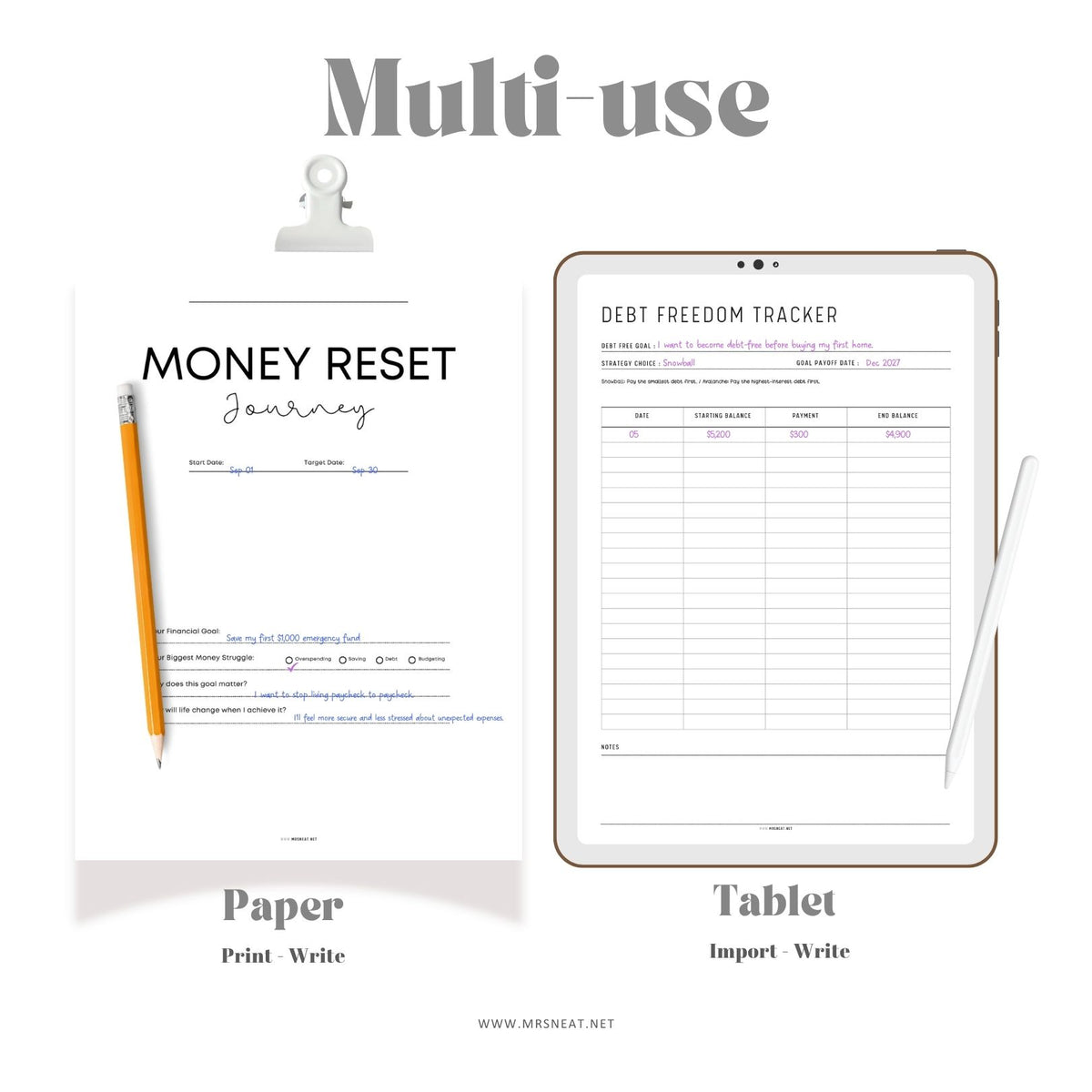 Use the $1000 Money Reset Kit digitally on a tablet or print the worksheets for your planner binder.