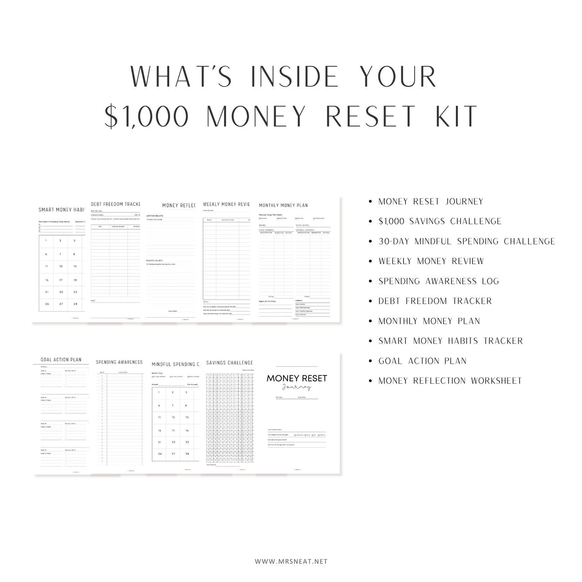 What's included in the $1000 Money Reset Kit featuring 10 printable budget planner and money management worksheets.