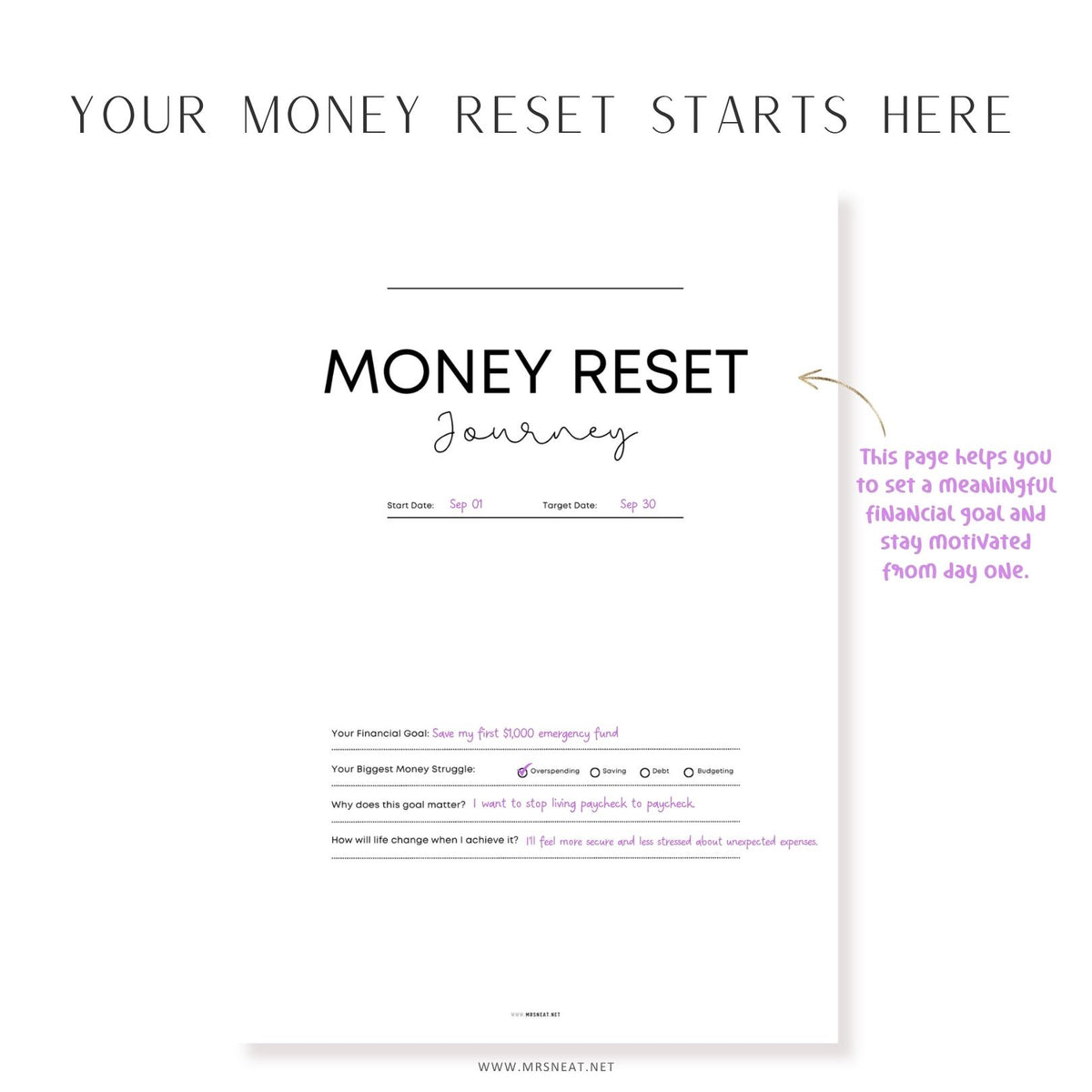 Money Reset Journey printable worksheet for setting financial goals, identifying money struggles, and planning your savings journey.