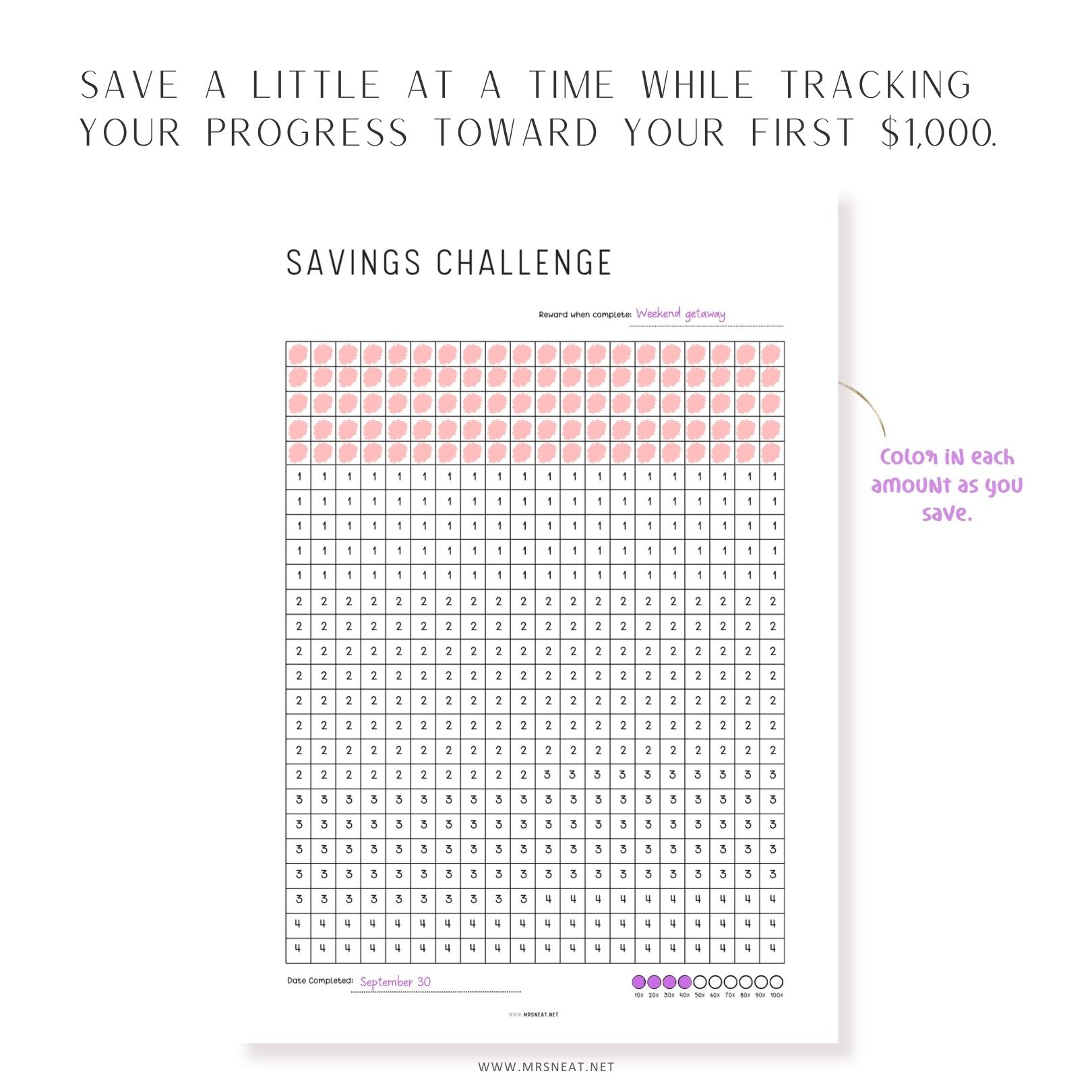 Printable $1000 savings challenge tracker with progress milestones and reward section to help build consistent saving habits.