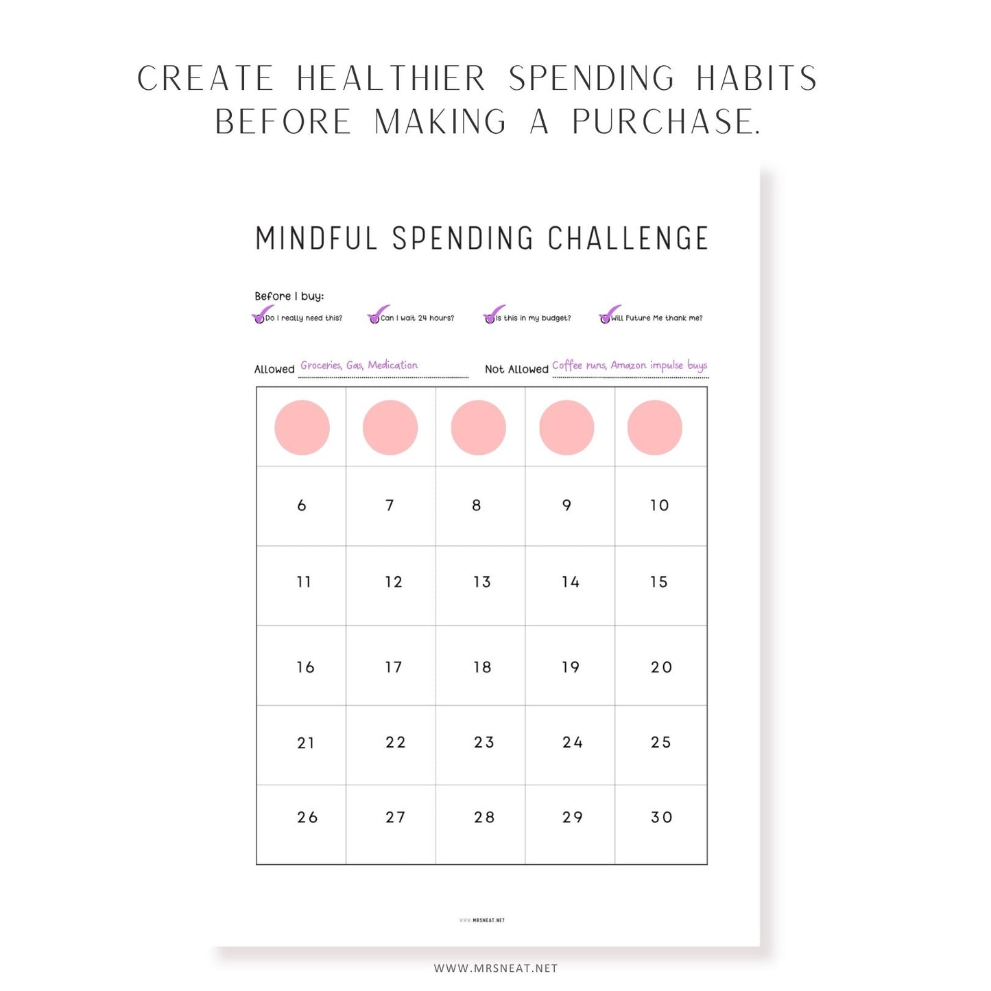 Mindful Spending Challenge printable with before-you-buy checklist to reduce impulse spending and improve money habits.