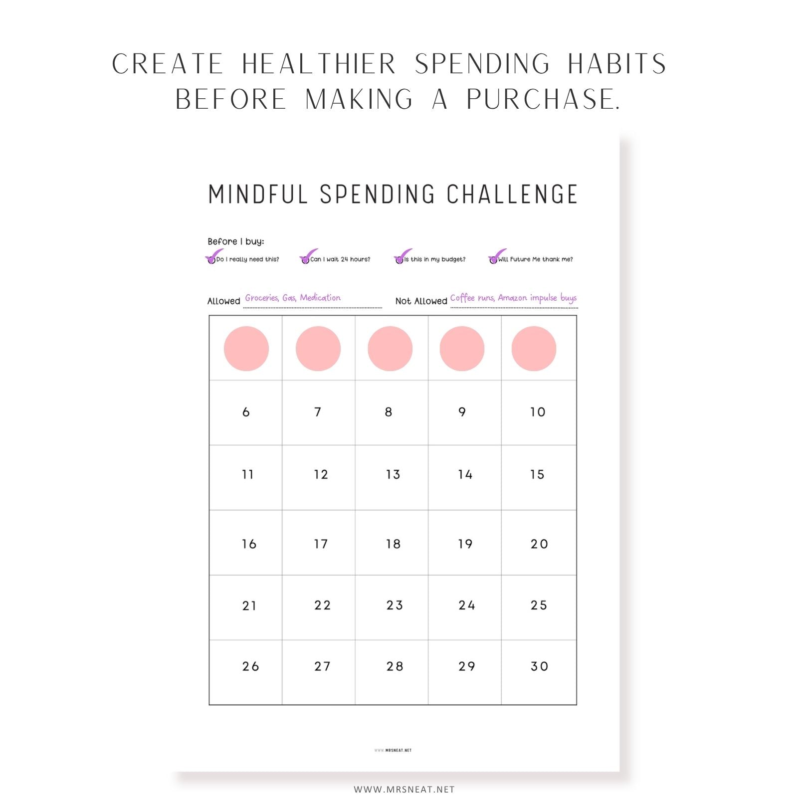 Mindful Spending Challenge printable with before-you-buy checklist to reduce impulse spending and improve money habits.