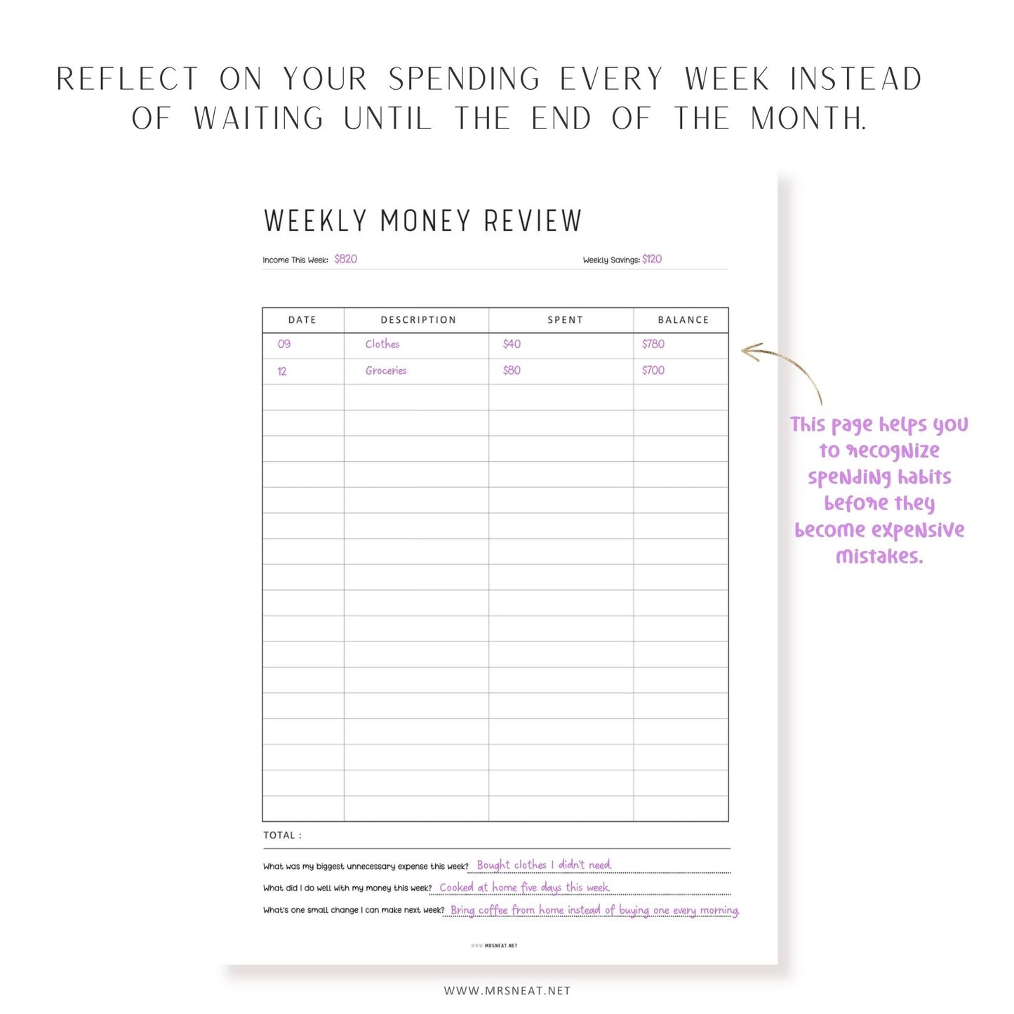 Weekly Money Review printable for tracking income, savings, spending, and weekly financial reflections.