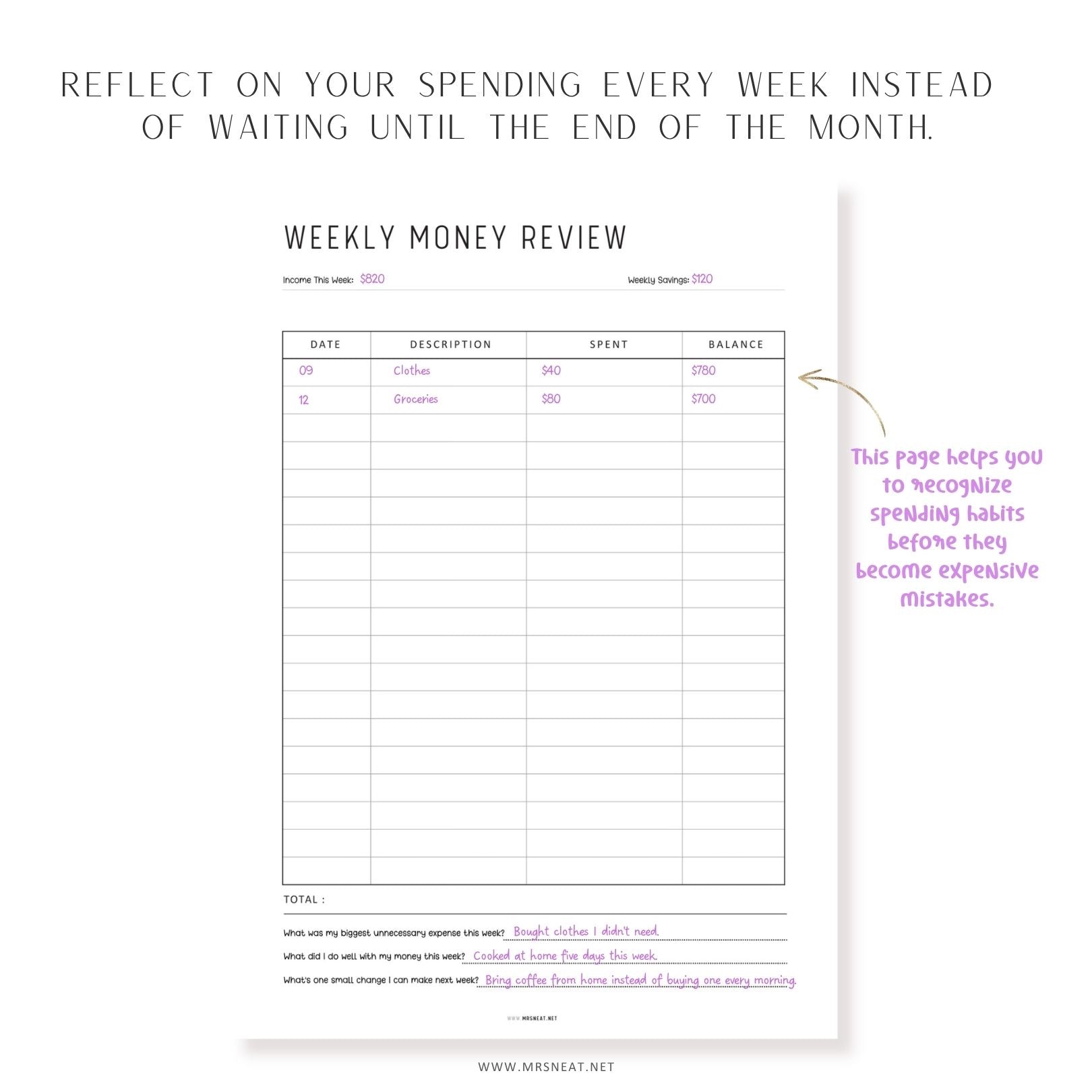 Weekly Money Review printable for tracking income, savings, spending, and weekly financial reflections.