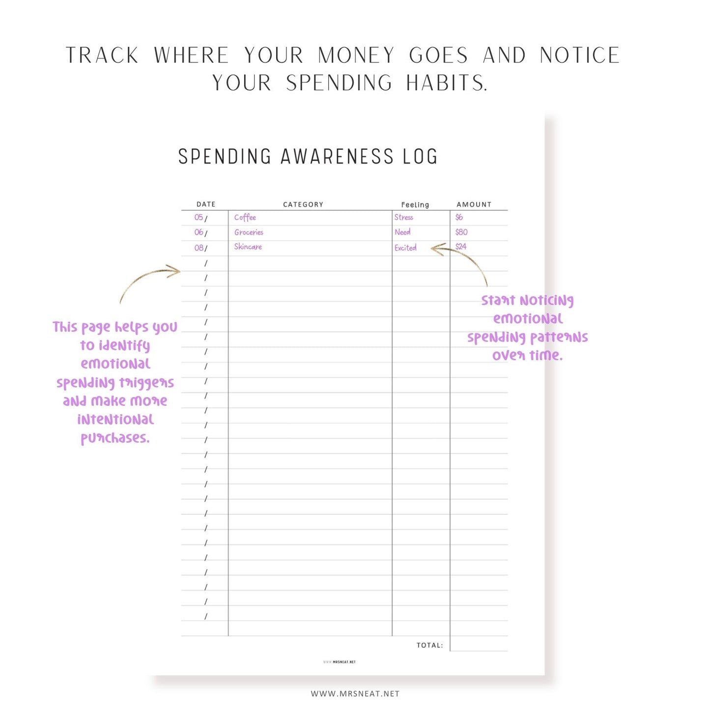 Spending Awareness Log printable to track daily expenses, spending categories, and emotional spending patterns.