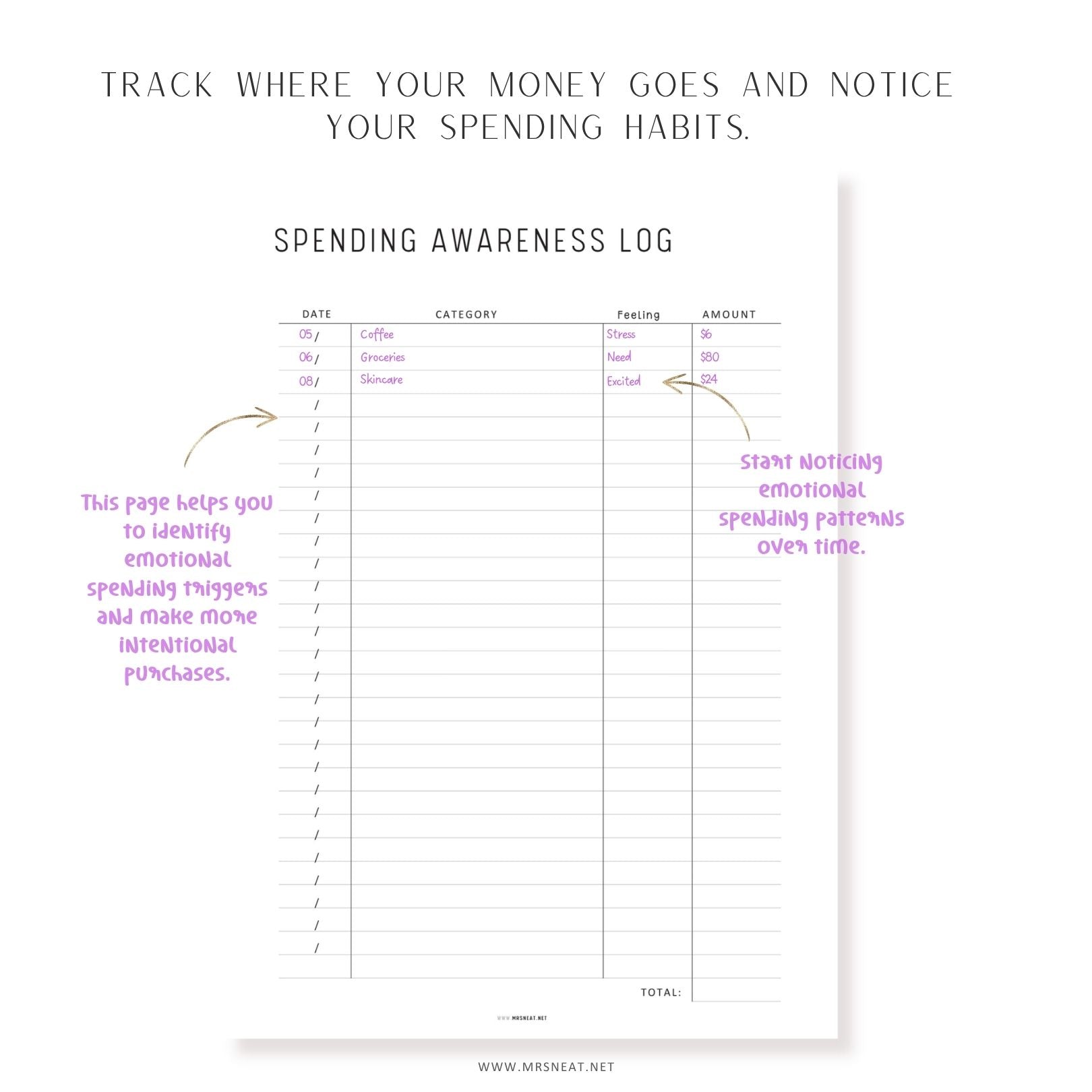Spending Awareness Log printable to track daily expenses, spending categories, and emotional spending patterns.