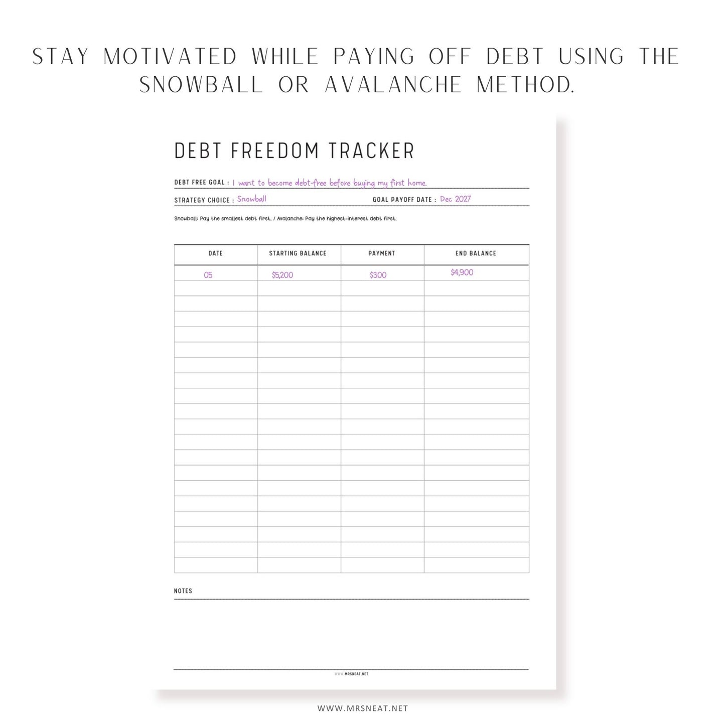 Debt Freedom Tracker printable with Snowball and Avalanche payoff methods to monitor debt repayment progress.