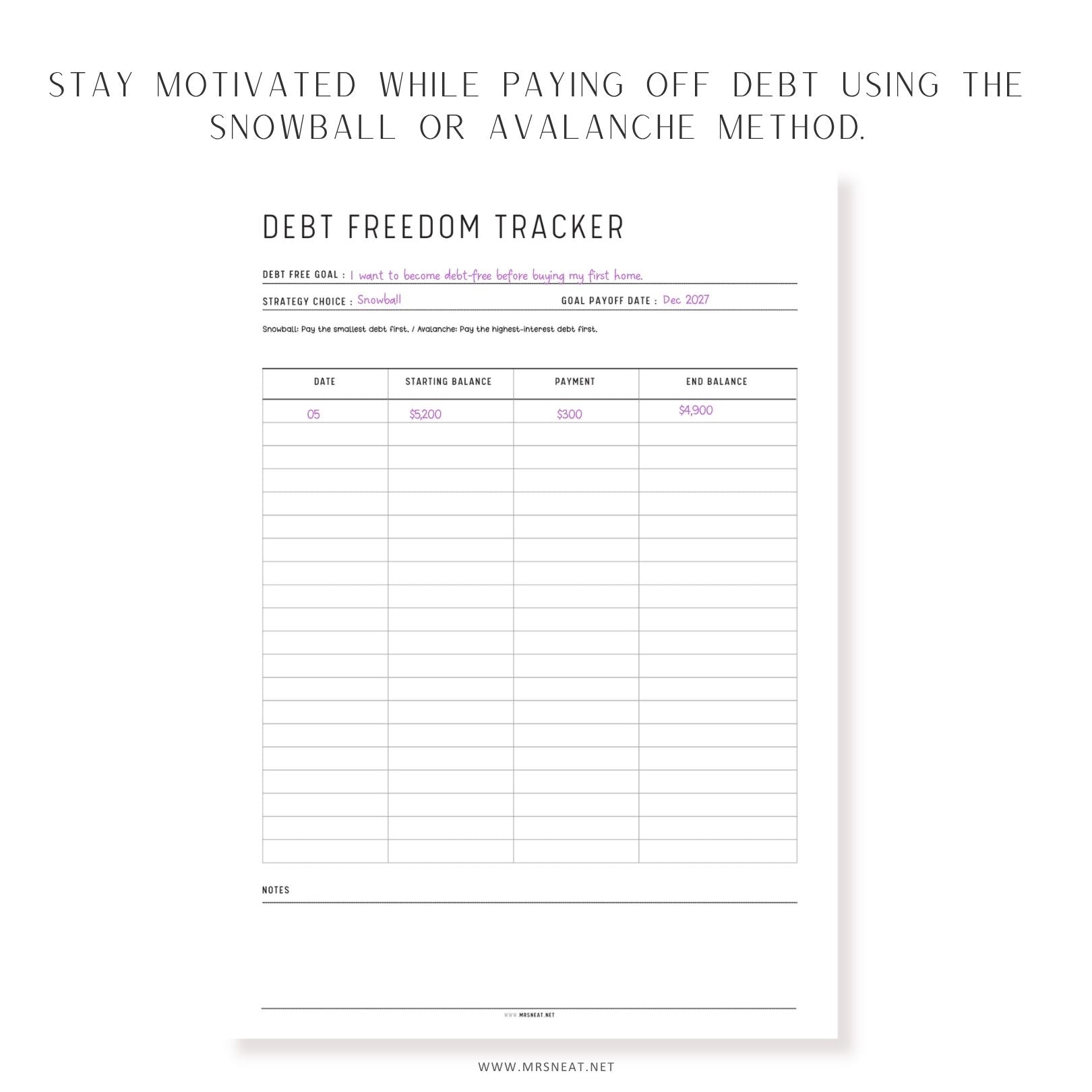 Debt Freedom Tracker printable with Snowball and Avalanche payoff methods to monitor debt repayment progress.