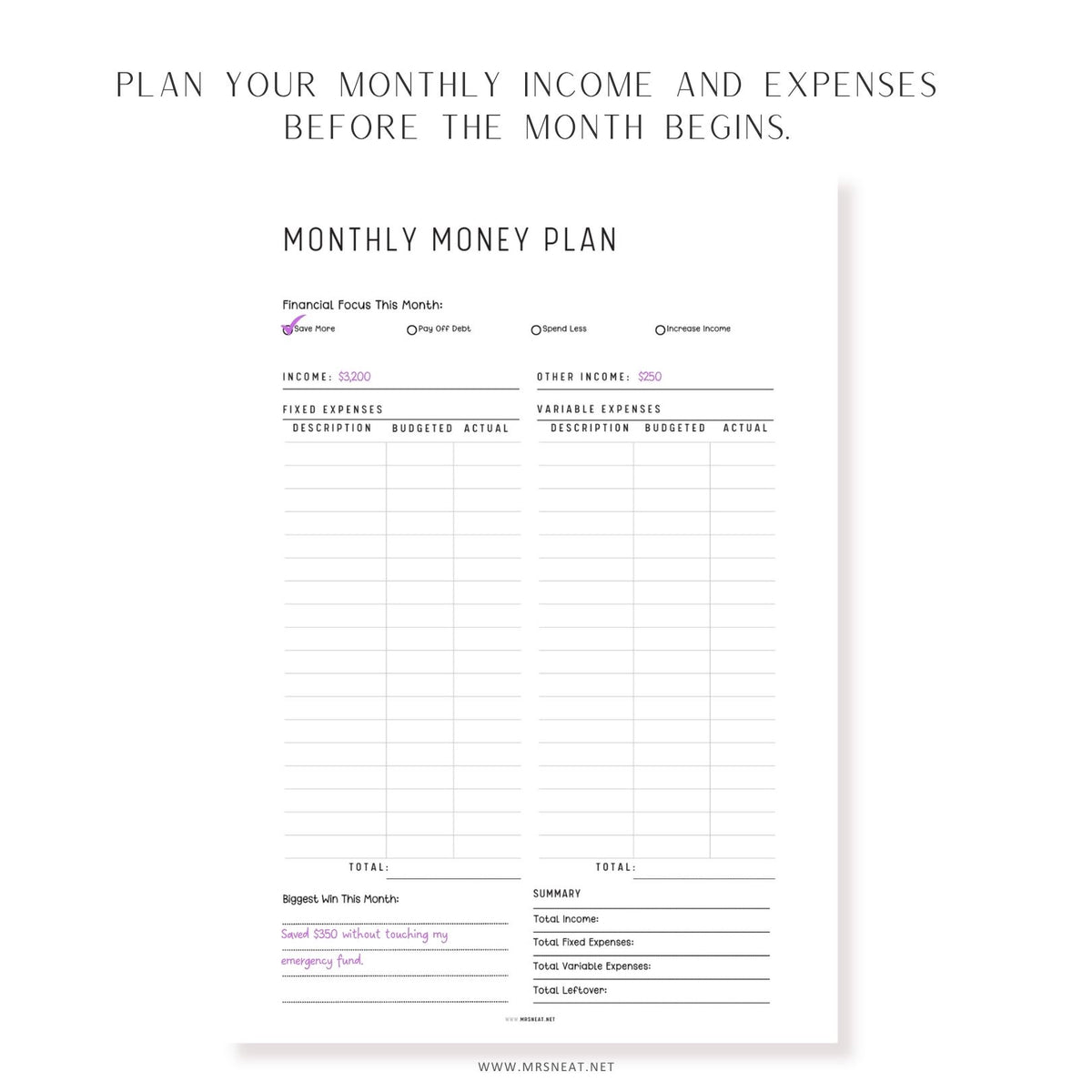 Monthly Money Plan printable budget planner for organizing income, expenses, and monthly financial goals.