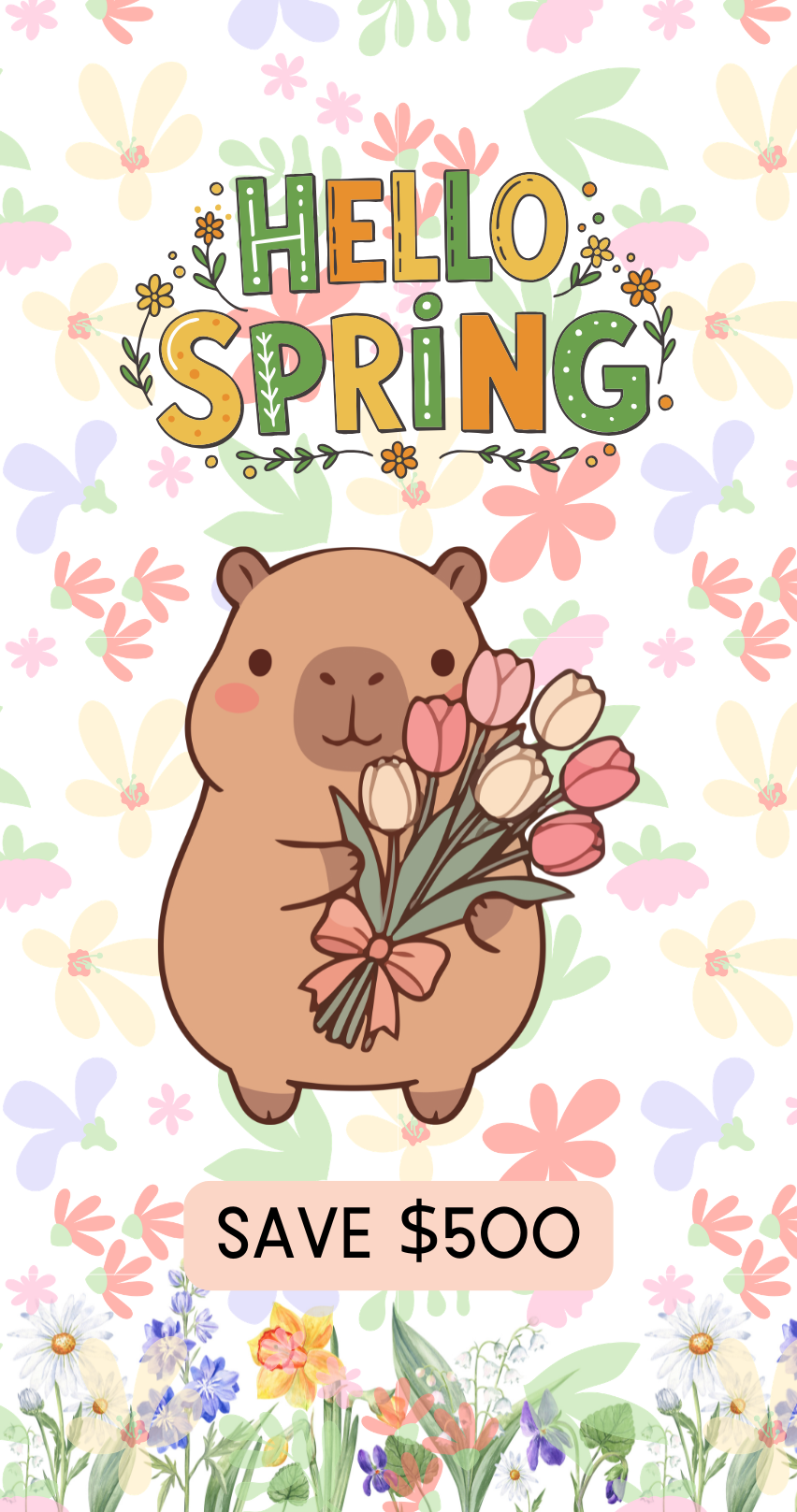 Cartoon groundhog holding flowers with 'Hello Spring' text and floral decorations on a white background.