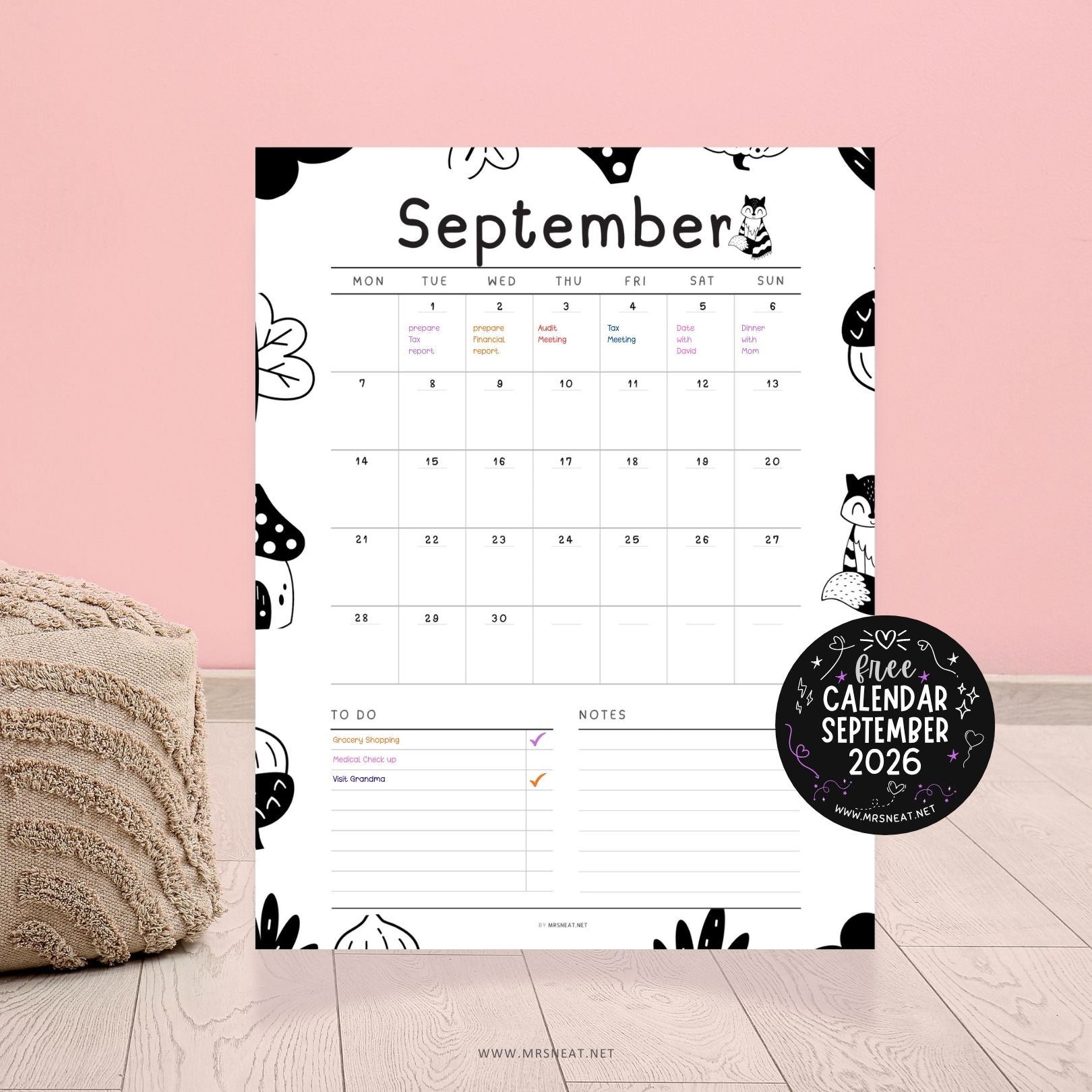 Free printable September 2026 monthly calendar with notes and to-do sections