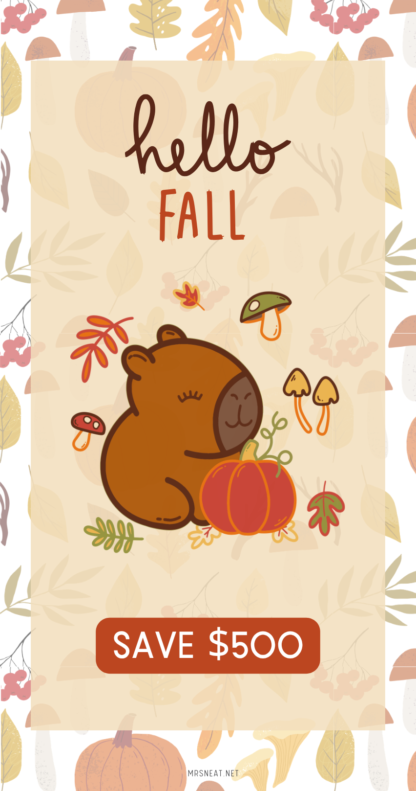 Promotional card with a bear, pumpkin, and 'hello fall' text on a patterned background.