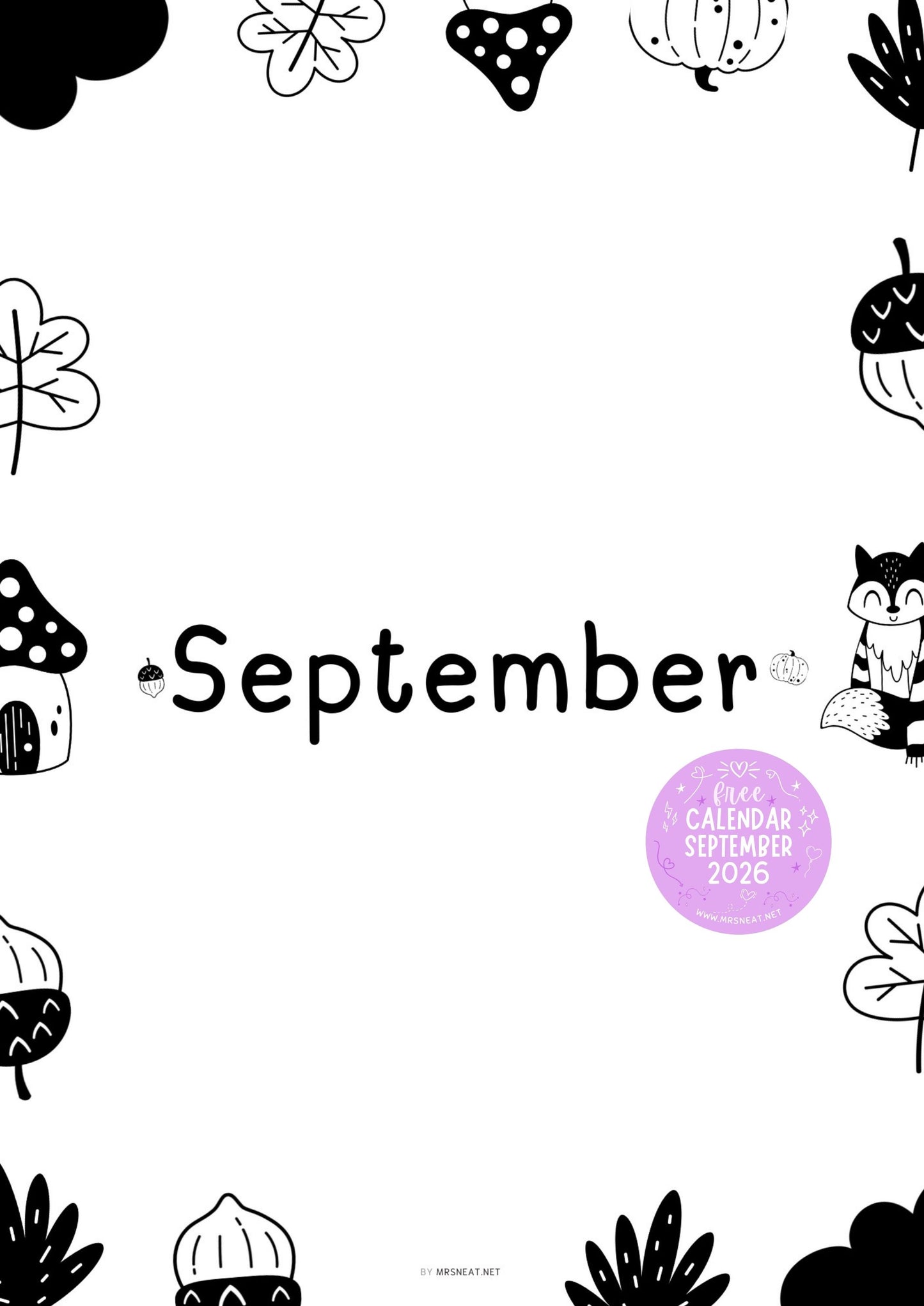 Free September 2026 printable calendar with cute doodle border and planning sections