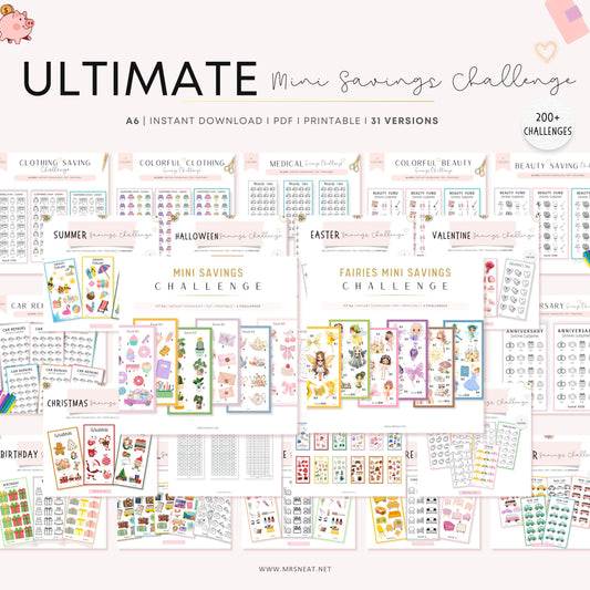 Collection of mini savings challenge printables with various themes on a white background.