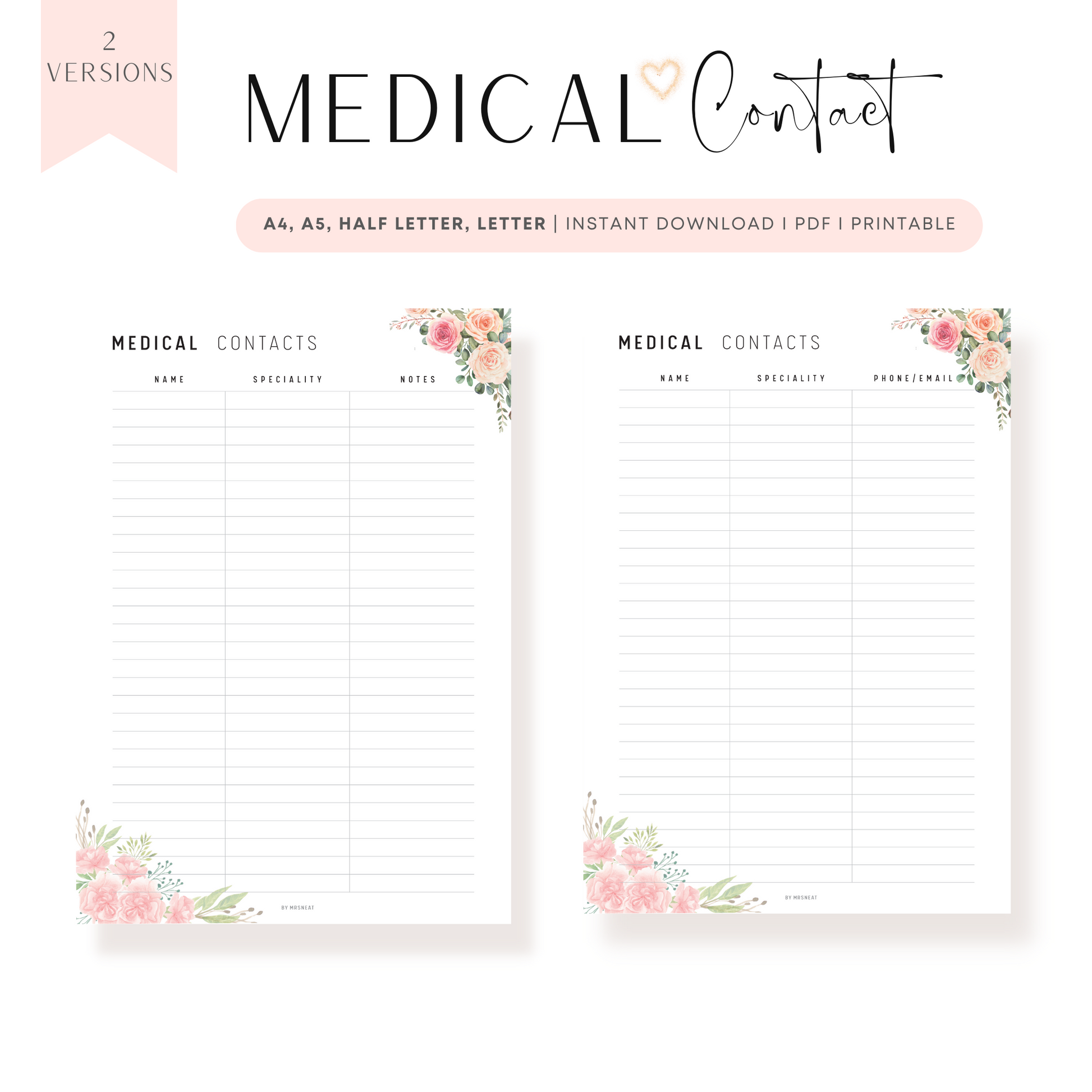 Floral Medical Contact List Printable