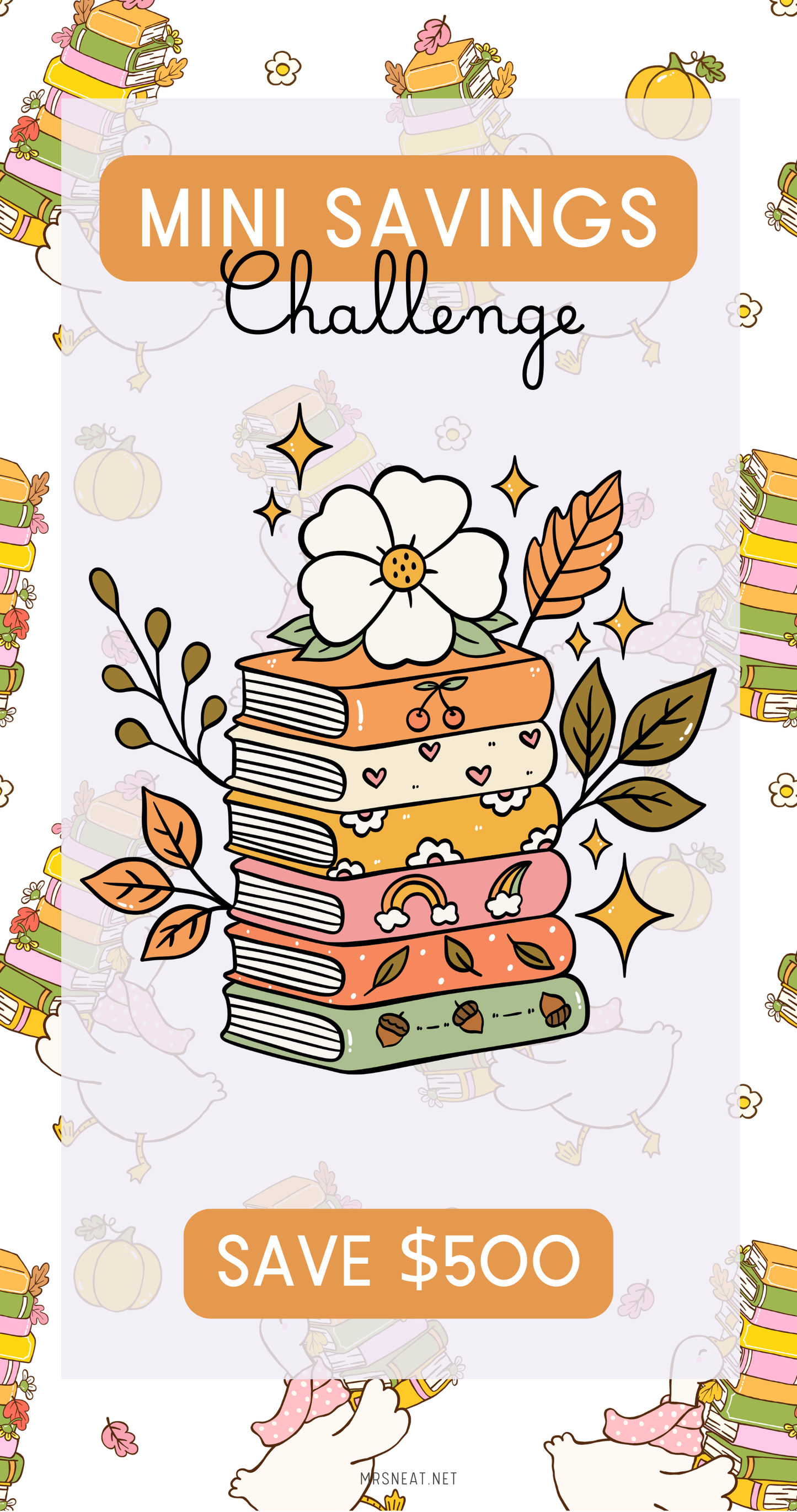 Mini savings challenge book with colorful design and text on a white background