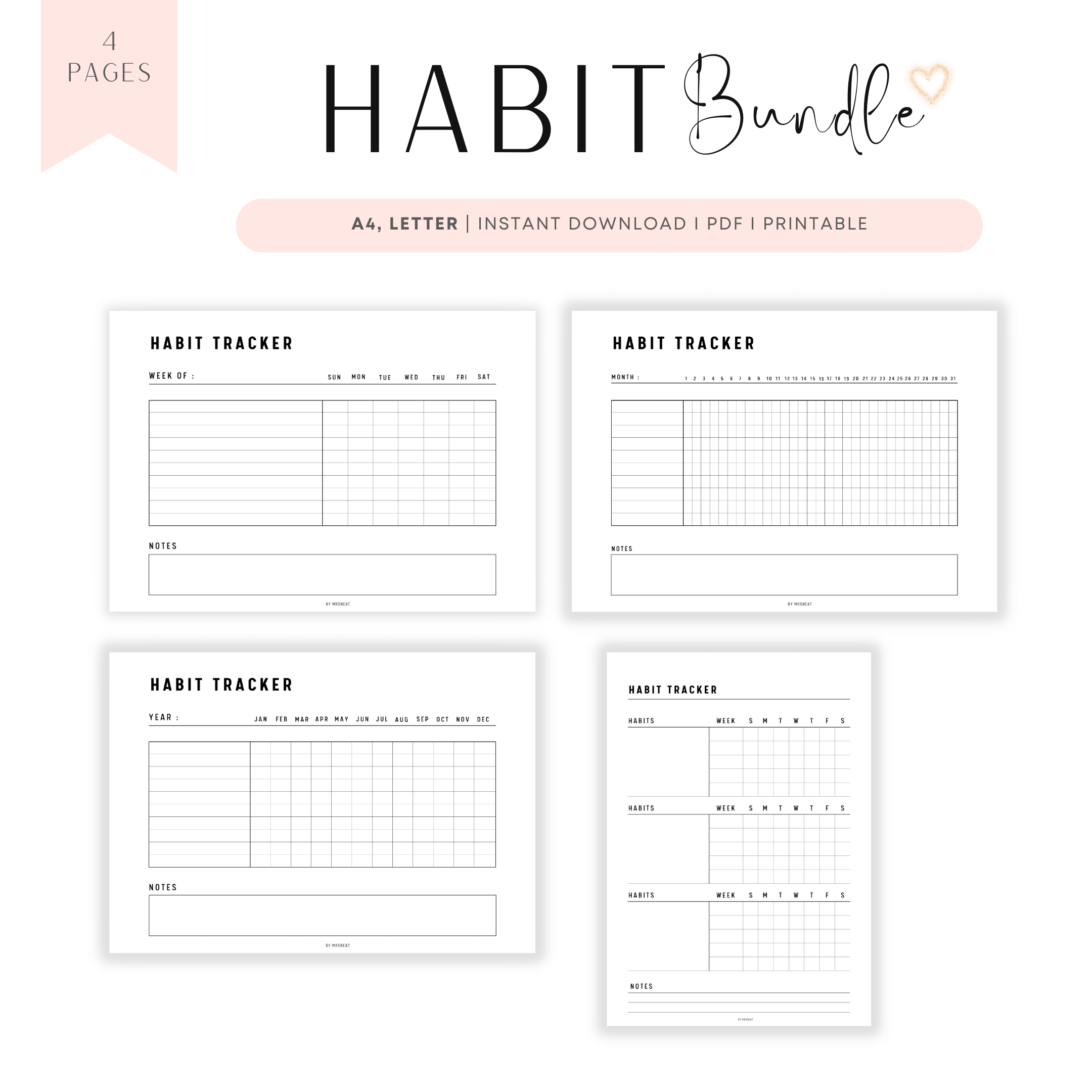 Physical print bundle of habit tracker sheets with pen resting on a wooden desk, showing monthly and weekly layouts